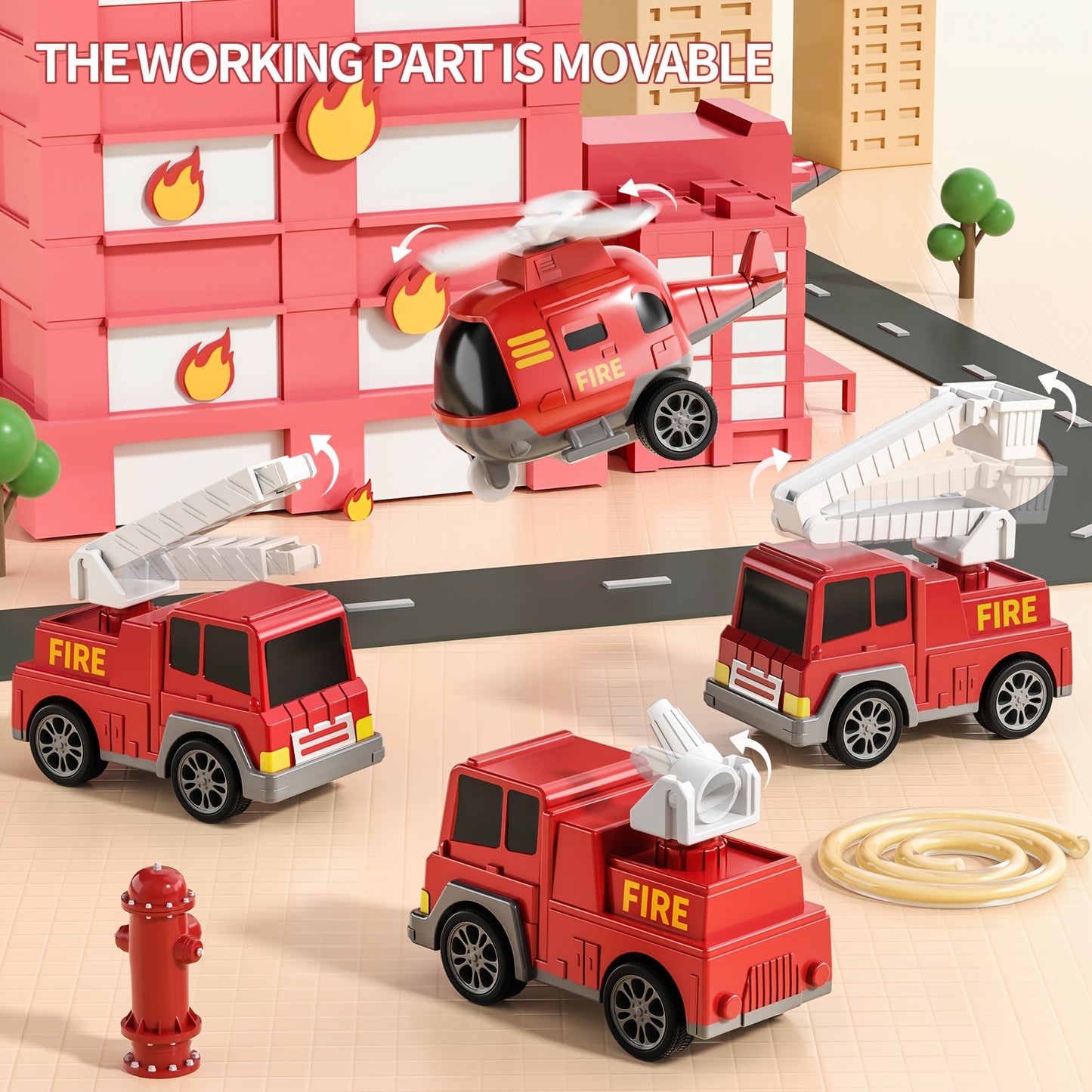 BABYHOME Toddler Fire Engine Toys, For Boys Girls - 5-In-1 Carrier Truck Transport Cars, Firefighter Vehicles For Kids, Christmas Birthday Gifts For Boys Girls