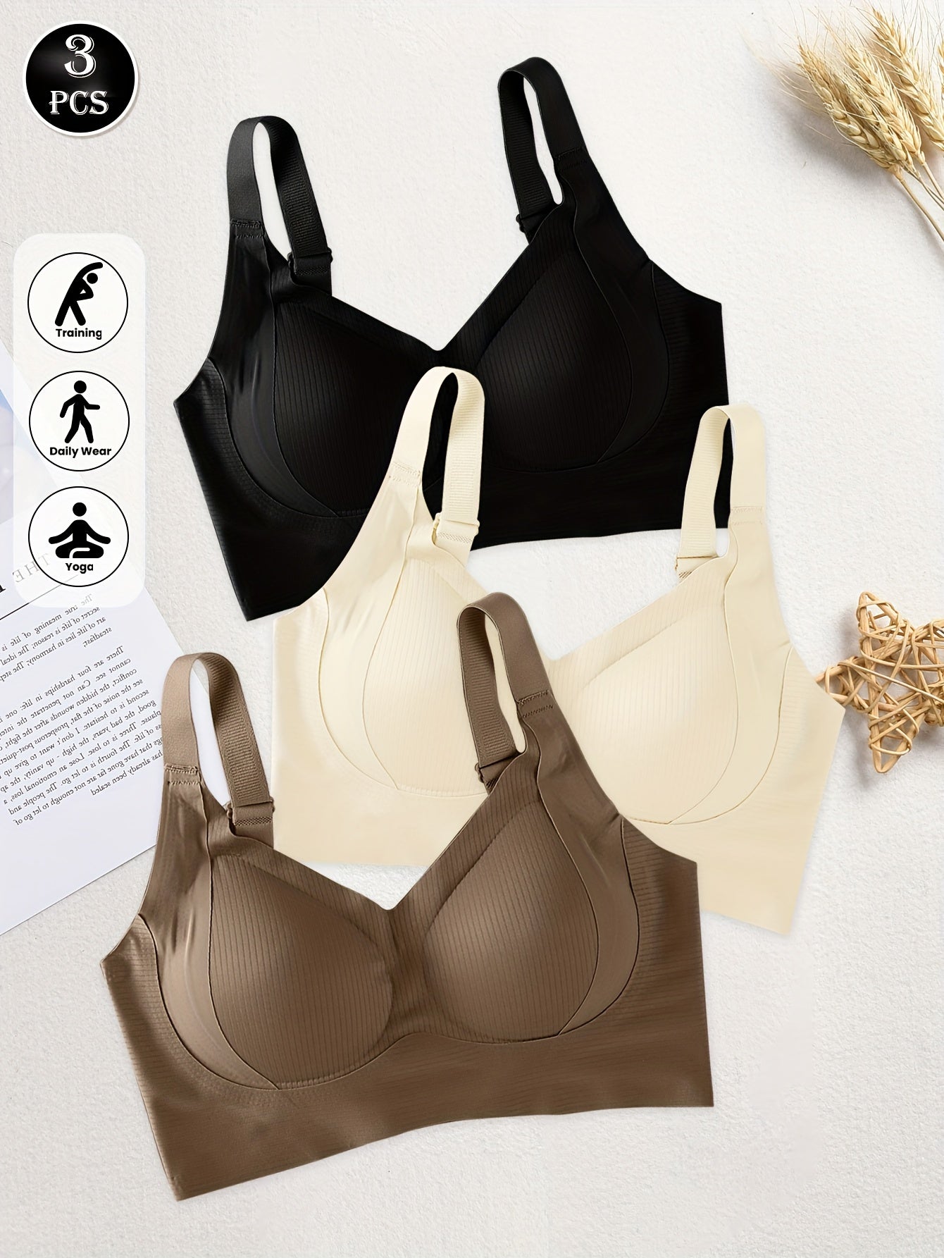 3pcs Women'S Seamless Sports Bras, Wire-Free Push-Up Bra with Full Coverage Back, Smooth and Sexy Underwear for Gym, Yoga, and Casual Wear, Yoga Apparel, Vneck Design, Medium Elasticity, Wireless Bra For Women, Freedaily, Spo