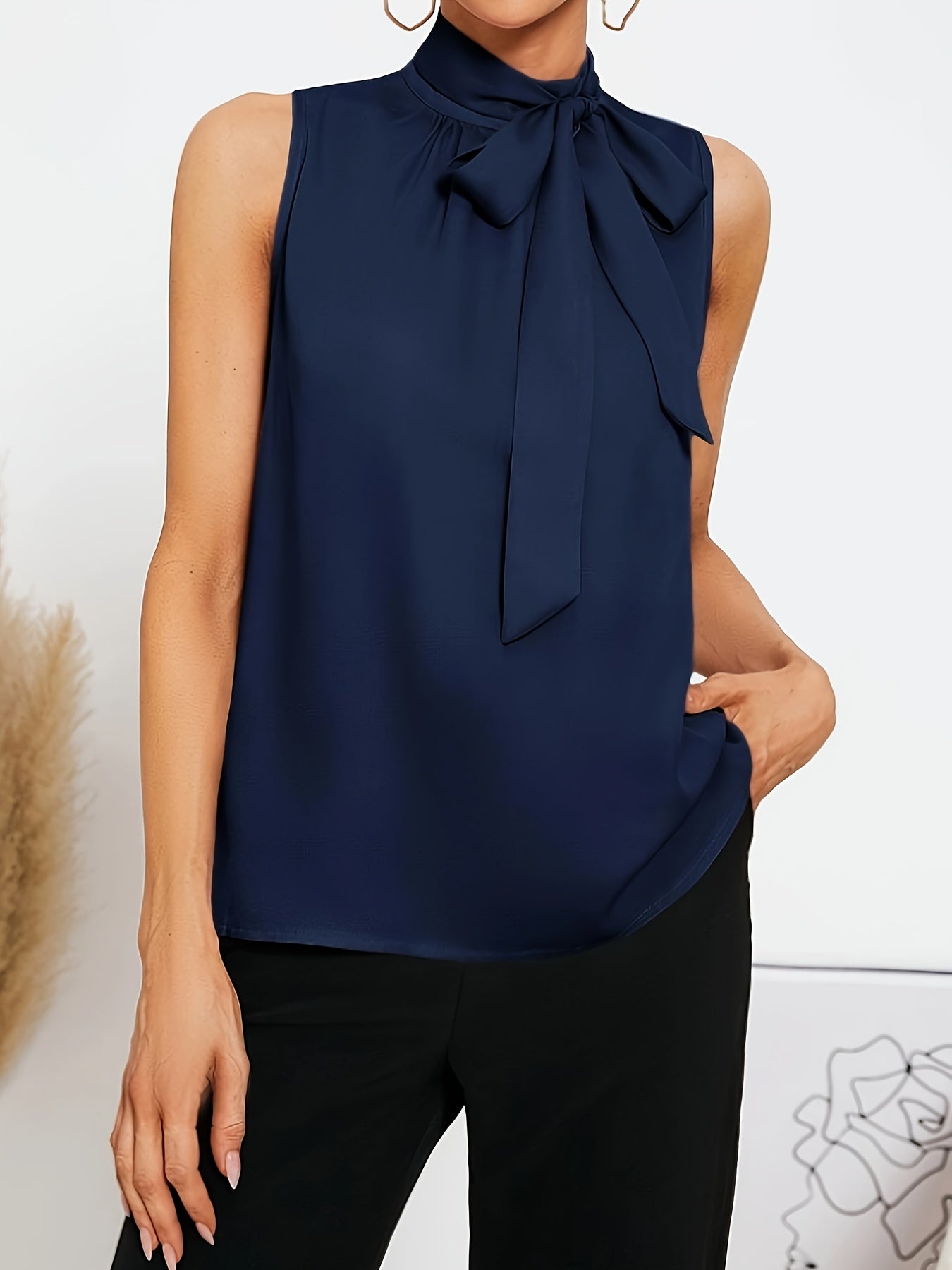 Solid Color Stand Neck Blouse, Elegant Bow Front Sleeveless Blouse For Summer, Women's Clothing
