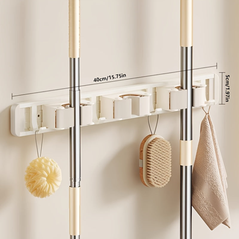 Bathroom Storage Rack Metal Mop & Broom Holder with Adjustable Hooks, Wall-Mounted Storage Organizer for Home, Kitchen, Garden, Laundry, Garage - Lacquered, Space-Saving Shelf for Mops, Brooms, Tools, Shelves