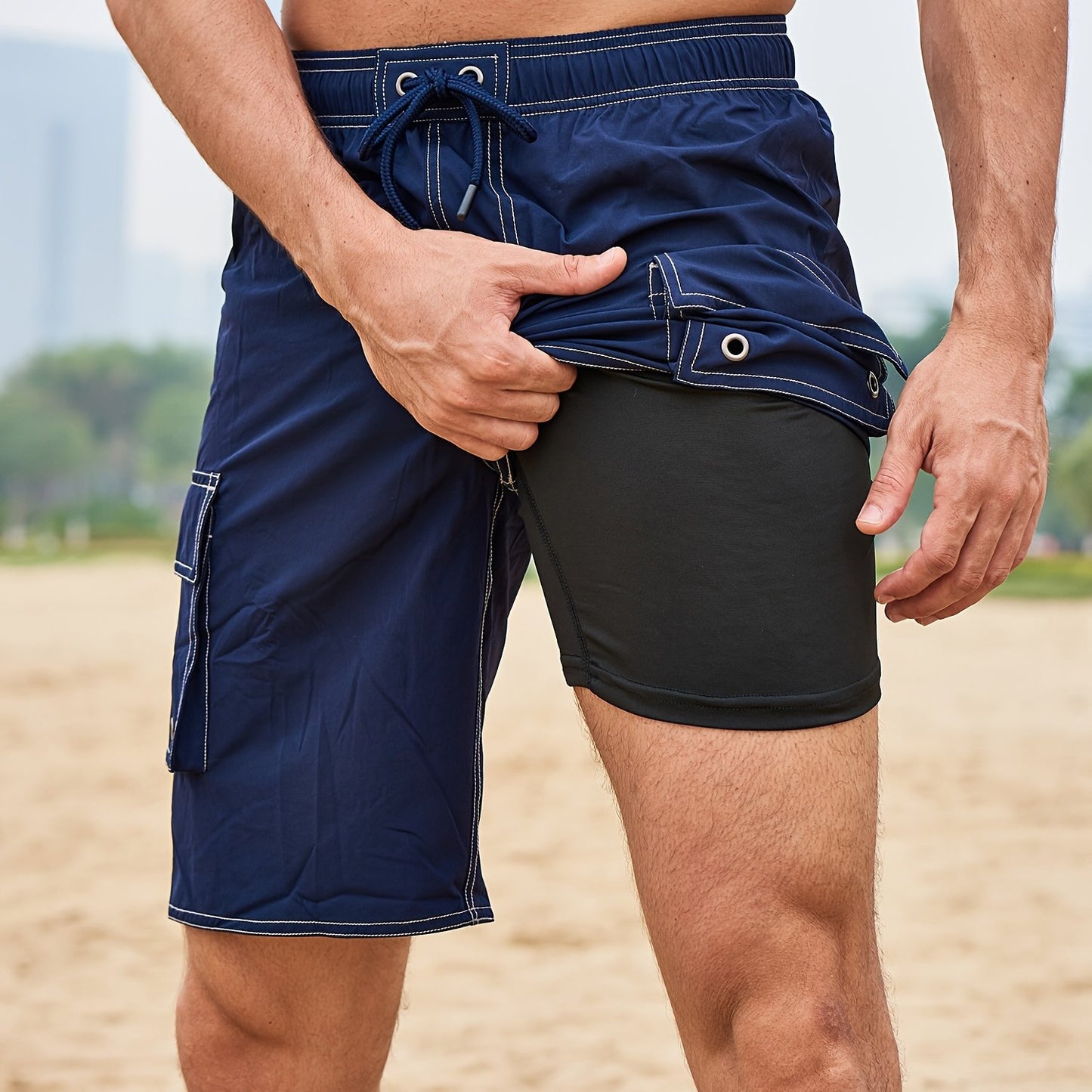 Men's Quick-Dry Swim Shorts with Adjustable Drawstring Waist & Pockets - Sporty Solid Black Beach Shorts for Swimming, Surfing, Water Sports - Machine Washable Regular Fit, Swimming Gear | Sleek Construction