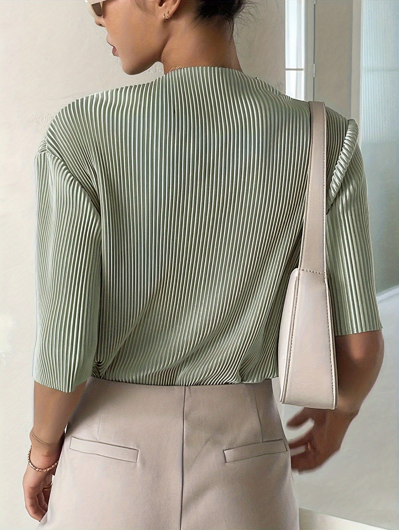 Boat Neck Textured Blouse, Elegant Half Sleeve Blouse For Spring & Summer, Women's Clothing