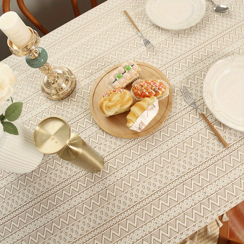 1pc Beige Crochet Hollow Tablecloth, Boho Household Stain Resistant Waterproof Oil-proof, Washable Table Cover, Suitable For Picnics, Camping, Weddings, Birthday Parties, Restaurants, And Buffets, Tabletop Protection, Home Ki