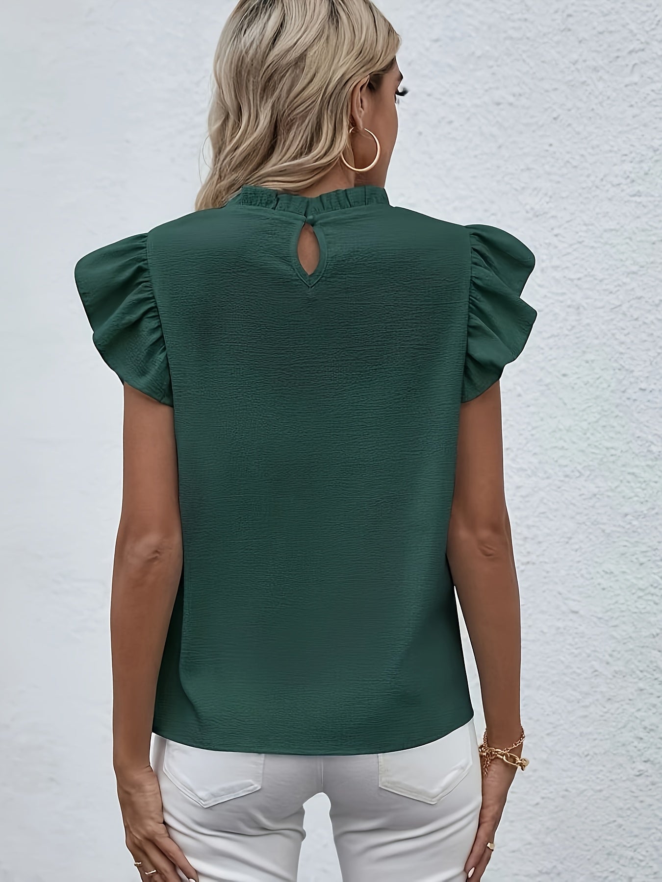 Ruffle Trim Crew Neck Blouse, Casual Solid Color Flutter Sleeve Blouse For Spring & Summer, Women's Clothing Wedding holiday vacation