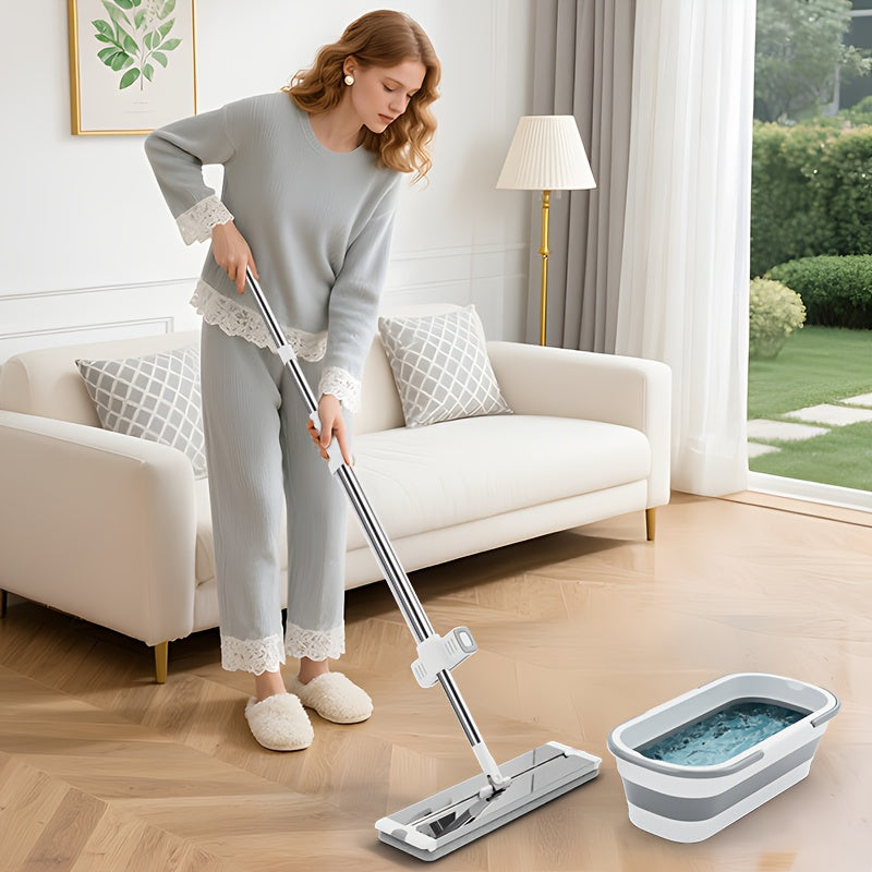 360° Rotating Mop and Bucket Set with Built-in Wringer, Dual Use for Dry & Wet Cleaning Without Handwashing, 6pcs Reusable Pads Included, Stainless Steel Headboard Handle Suitable for Bedroom, Living Room Pet Hair Removal -