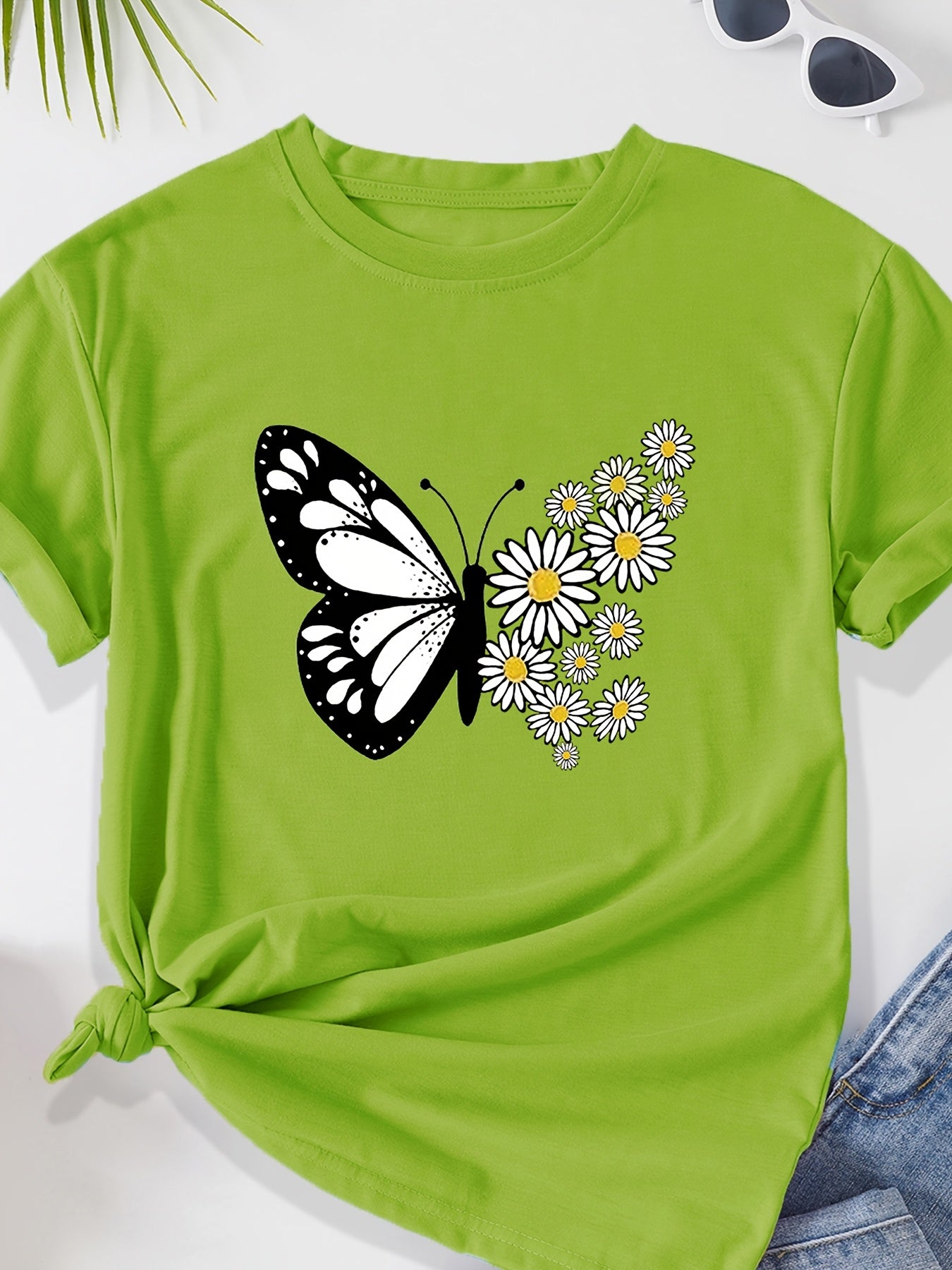 Women's Casual Butterfly & Daisy Floral Print Round Neck T-Shirt - Olive Green, Machine Washable, Regular Fit for Casual Attire, Allseason Fashion, Relaxed Style, Nontransparent Fabric