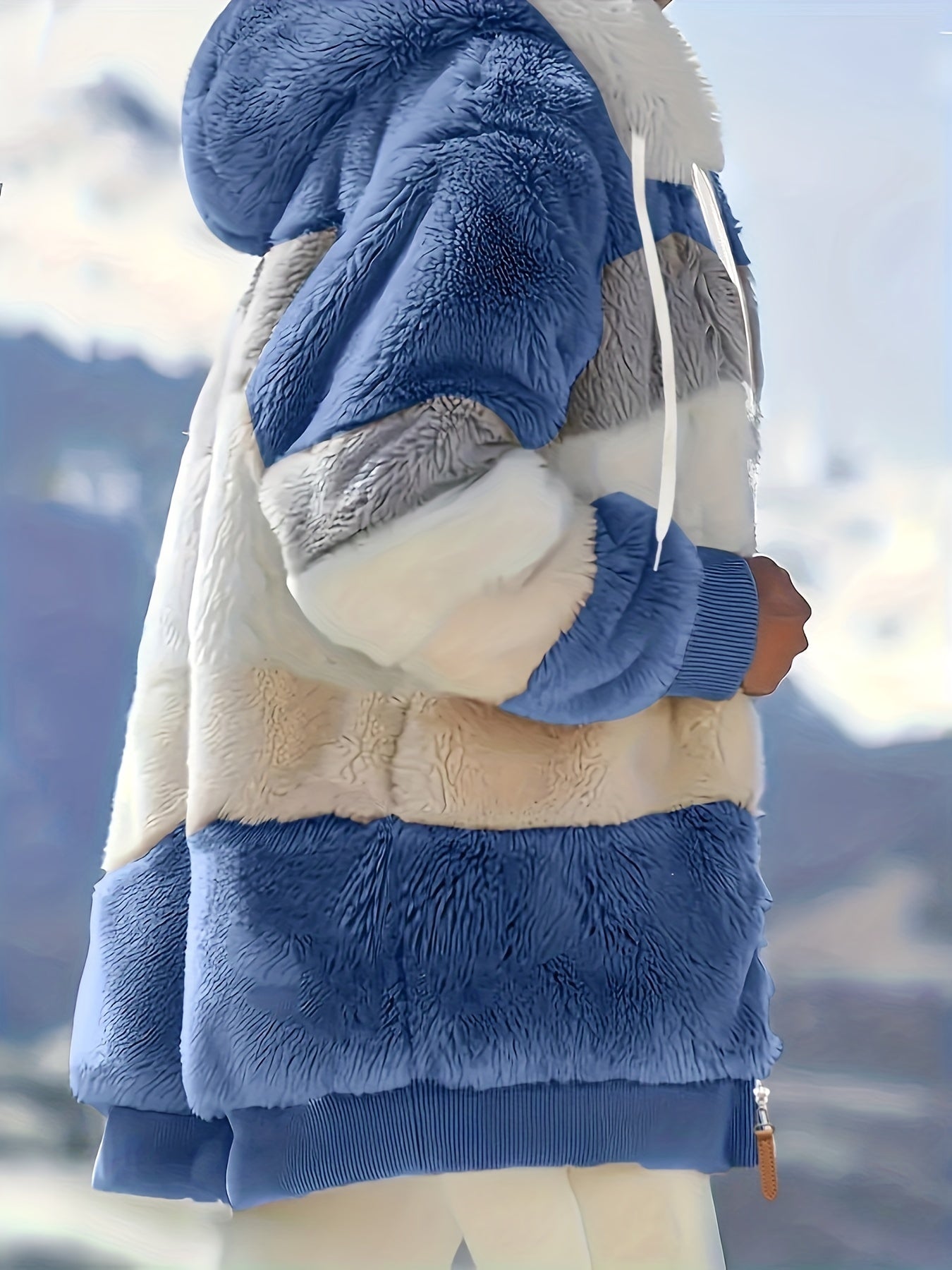 Women's Plush Faux Fur Hooded Jacket - Loose Fit Color Block Coat with Blue/Beige/White/Black Design, Long Sleeve Winter Warmth, Machine Washable for Casual & Formal Outfits, Ladies Winter Coats, Autumn Layering Piece, Formal