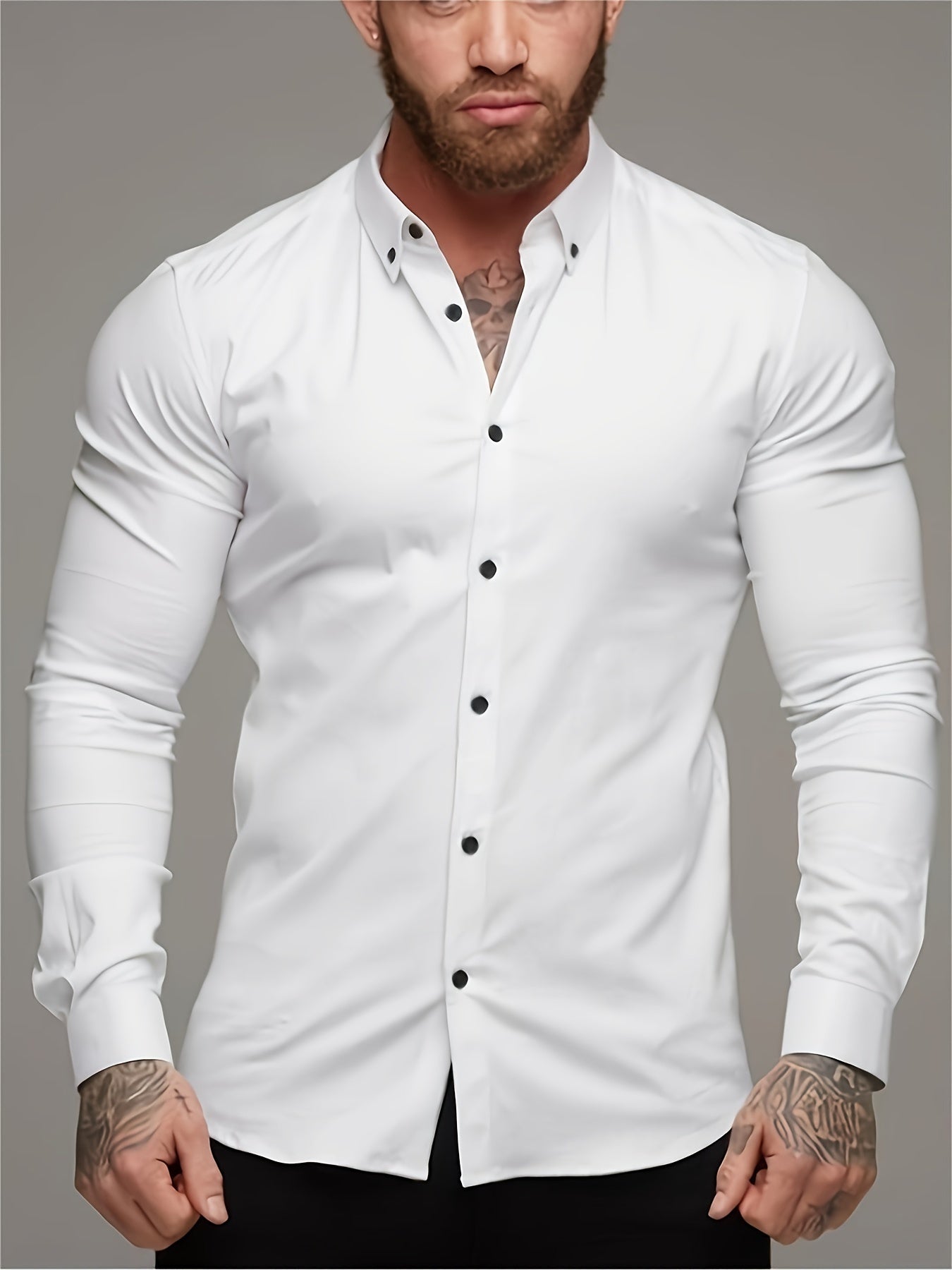 Solid Color Men's Slim Fit Stretch Quick-drying Long Sleeve Button Up Shirt, Spring Fall Workout Activity