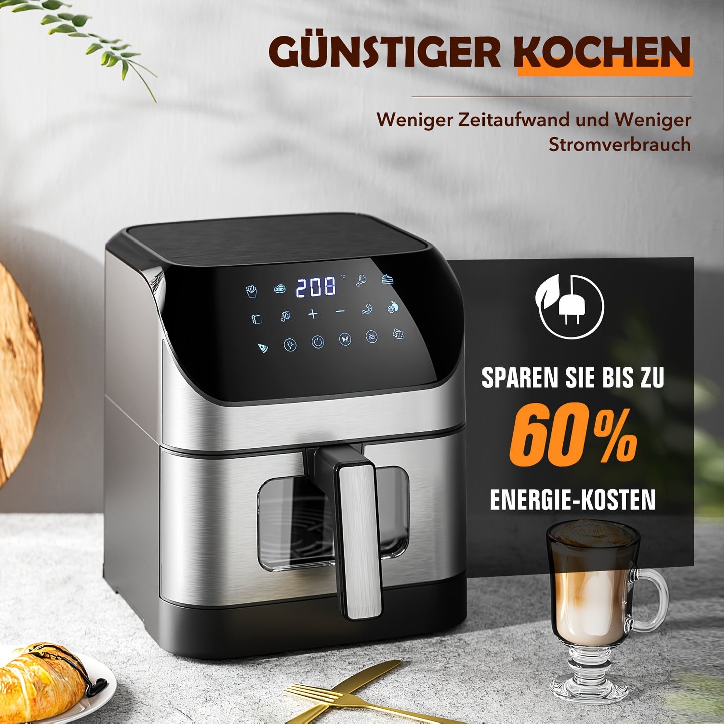 XXL 8L Air Fryer With Viewing Window, Oil-Free Fryer, Adjustable Temperature 80°C-200°C, 10 Presets In One Touch, Digital Control, Non-Stick Basket, Air Fryer Ninja Style