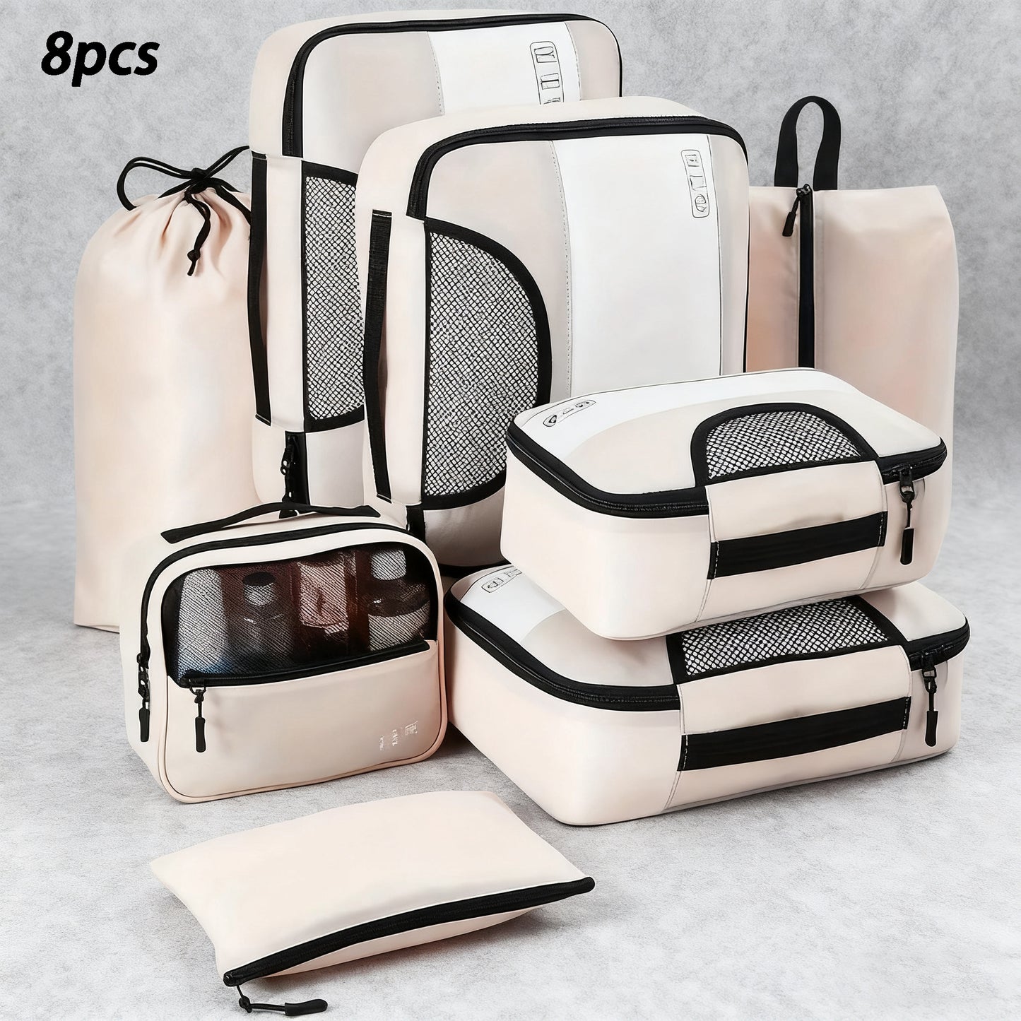 8pcs Compression Packing Cubes Set - Premium Luggage Organizers with See-Through Windows, Space-Saving Travel Storage System with Laundry Bag, Polyester, Zipper Closure, Casual Style, Ideal for Apparel, Travel Accessories|Cas