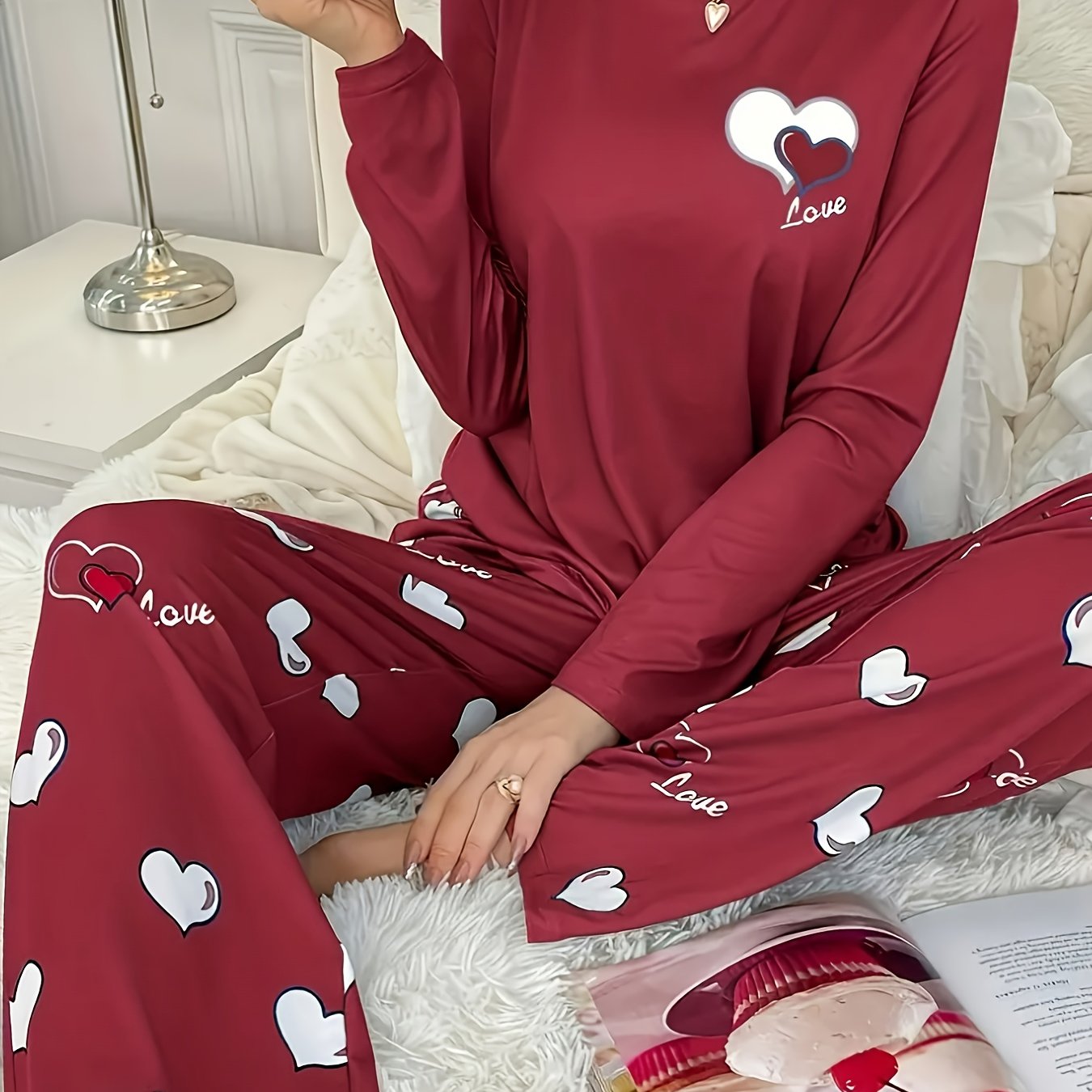 Plus Size Casual Heart Print Round Neck Long Sleeve Pantsuit