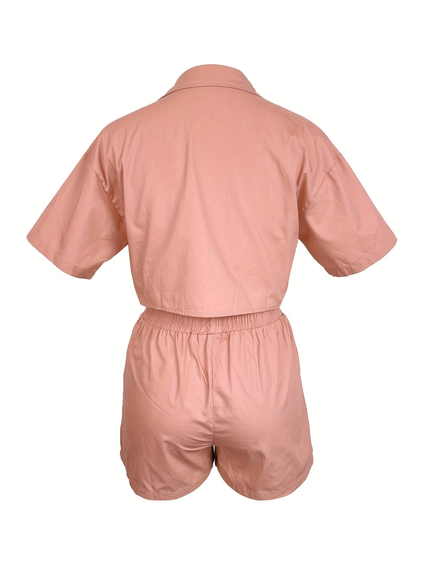 Solid Casual Two-piece Set, Short Sleeve Button Crop Top & Drawstring Waist Shorts Outfits, Women's Clothing
