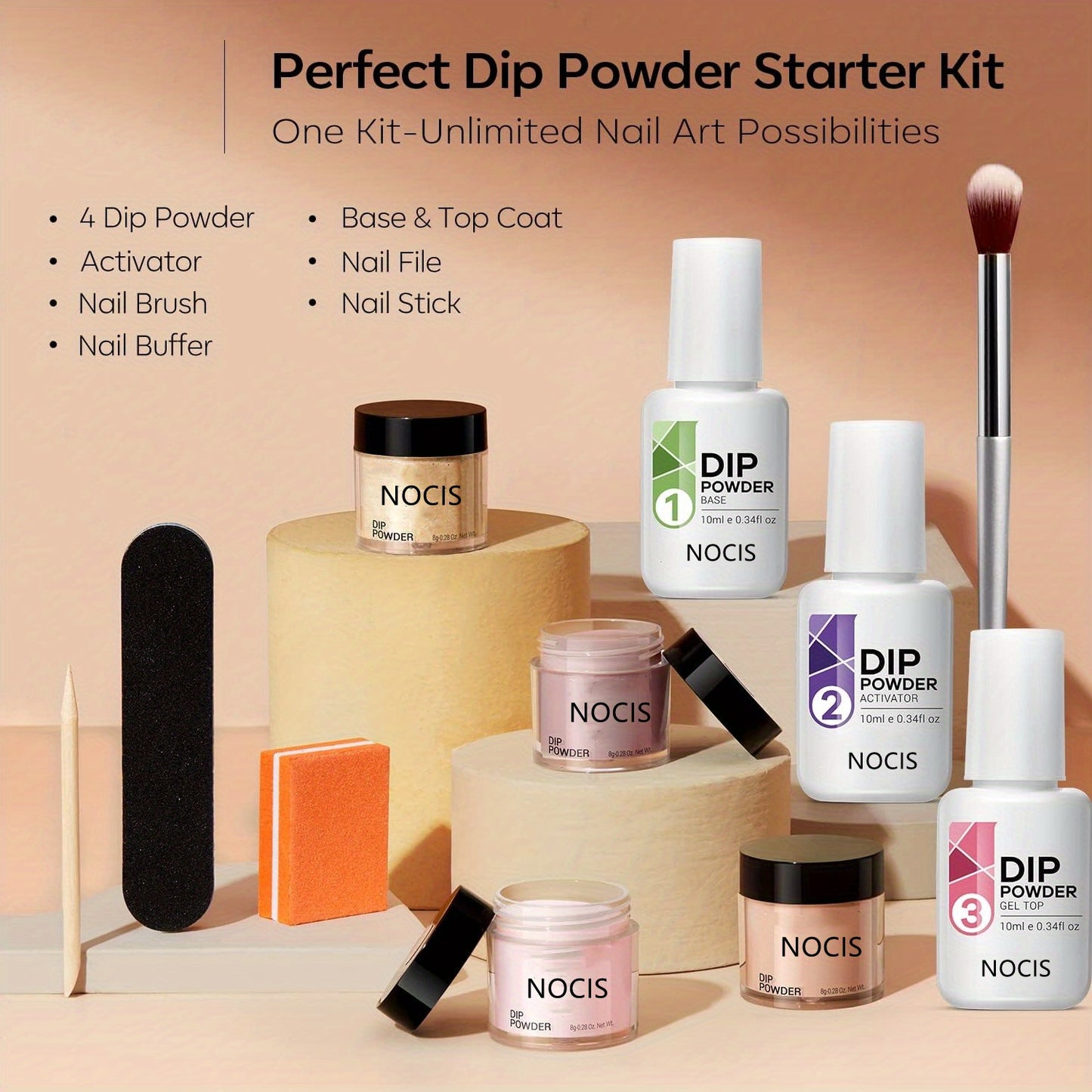 11Pcs/Set Dip Powder Nail Kit Starter 4 Colors Nude Skin Tone Golden Glitter Neutral Acrylic Dip Powder Liquid Set With Base Coat And Top Coat Activator For French Manicure Salon
