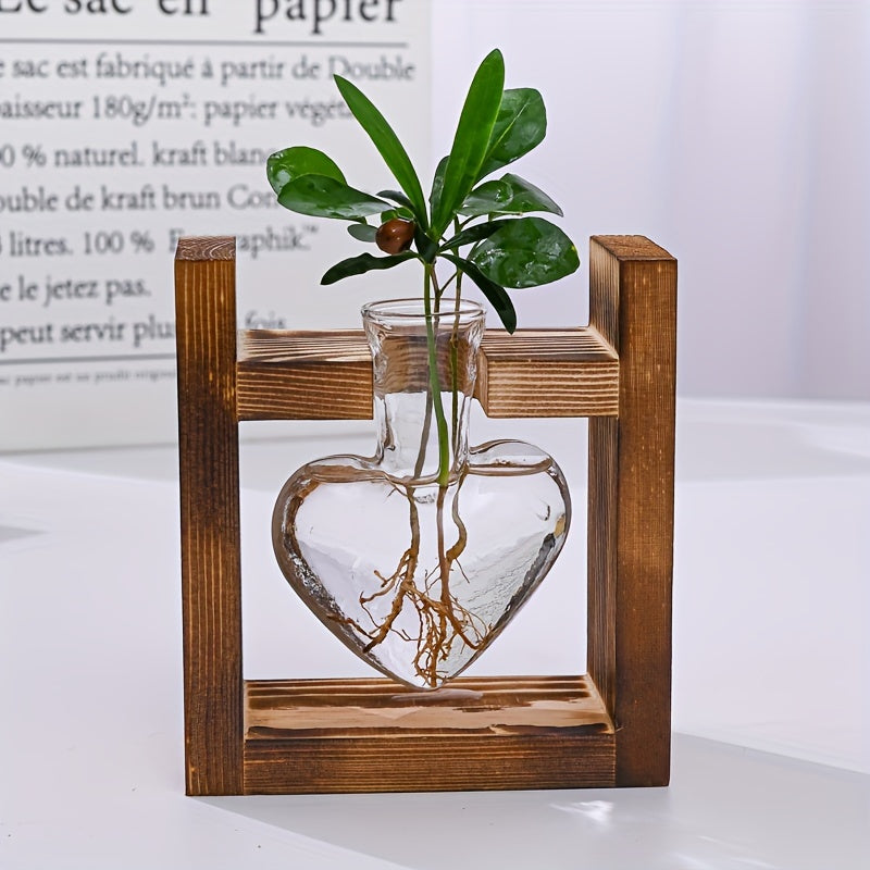 1 Pack, Hydroponic Plant Terrarium Love Heart Vase With Wooden Stand, Indoor Hydroponic Plant Propagation Station For Home Office Garden Decoration, Gift For Flower Pot Lovers