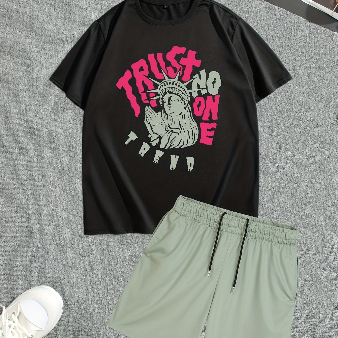 Men's Street Style Summer 2PCS Outfits, Male's Trend TRUST Graphic Short-sleeve Crew Neck T-shirt Drawstring Shorts Set, Casual Clothes For Men