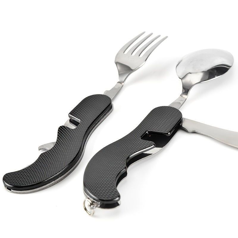 Stainless Steel 4-in-1 Outdoor Tableware Set with Folding Spoon, Fork, Knife, and Bottle Opener - Perfect for Camping, Picnics, Hiking, and Travel