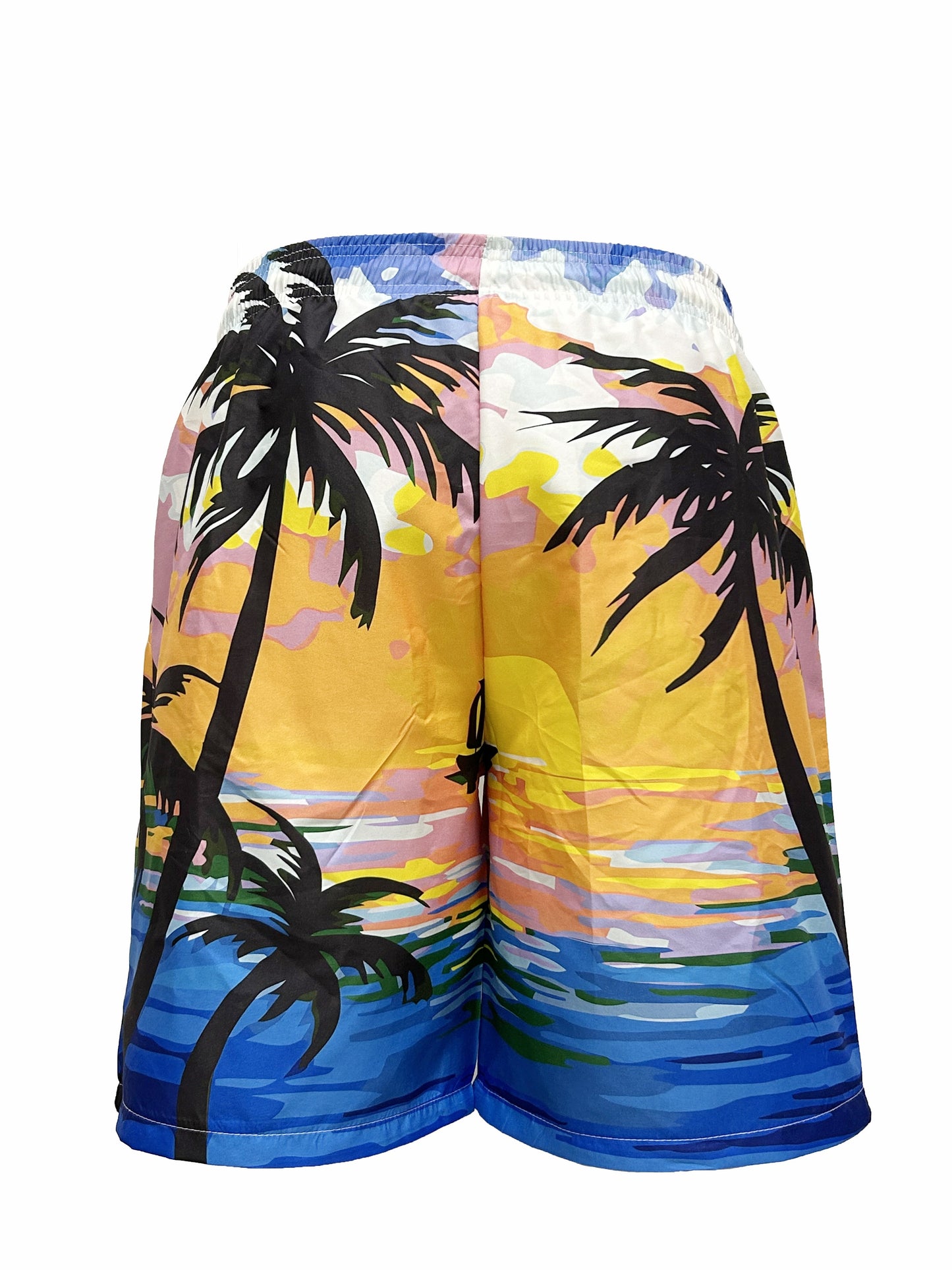 Quick Drying Comfortable Breathable Gradient Palm Tree At Dawn Seaside Drawstring Swim Trunks, Men's Board Shorts Swimwear For Summer Vacation Resort Beach Pool
