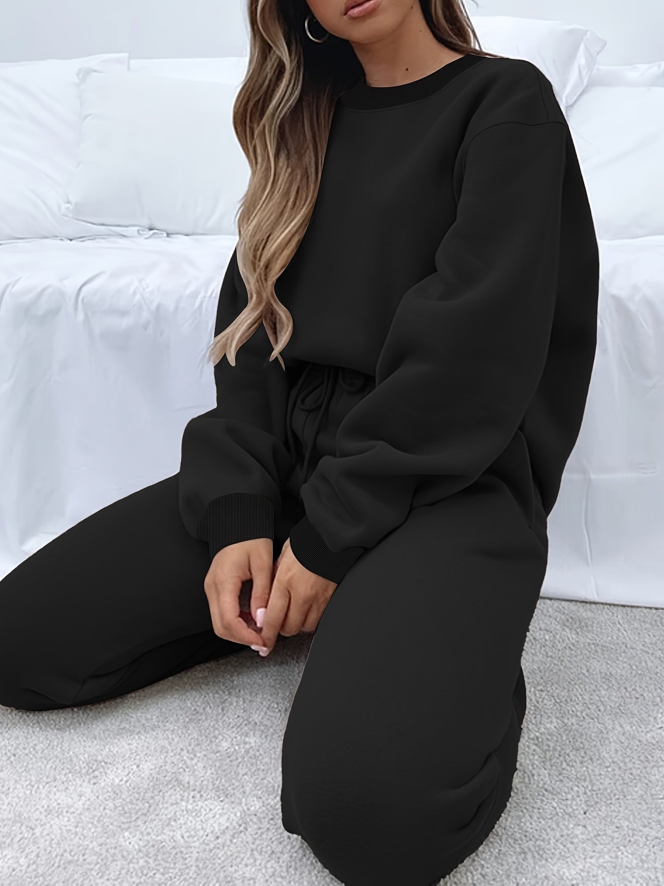 Solid Casual Two-piece Set, Crew Neck Long Sleeve Tops & Drawstring Jogger Pants Oufits, Women's Clothing
