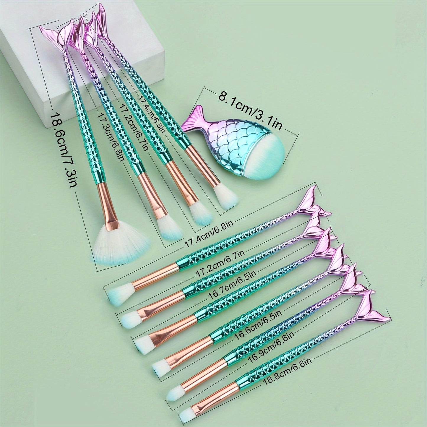 11pcs Mermaid Makeup Brush Set - Fish Tail Design, Nylon Bristles for All Skin Types, Fragrance-Free Beauty Tools
