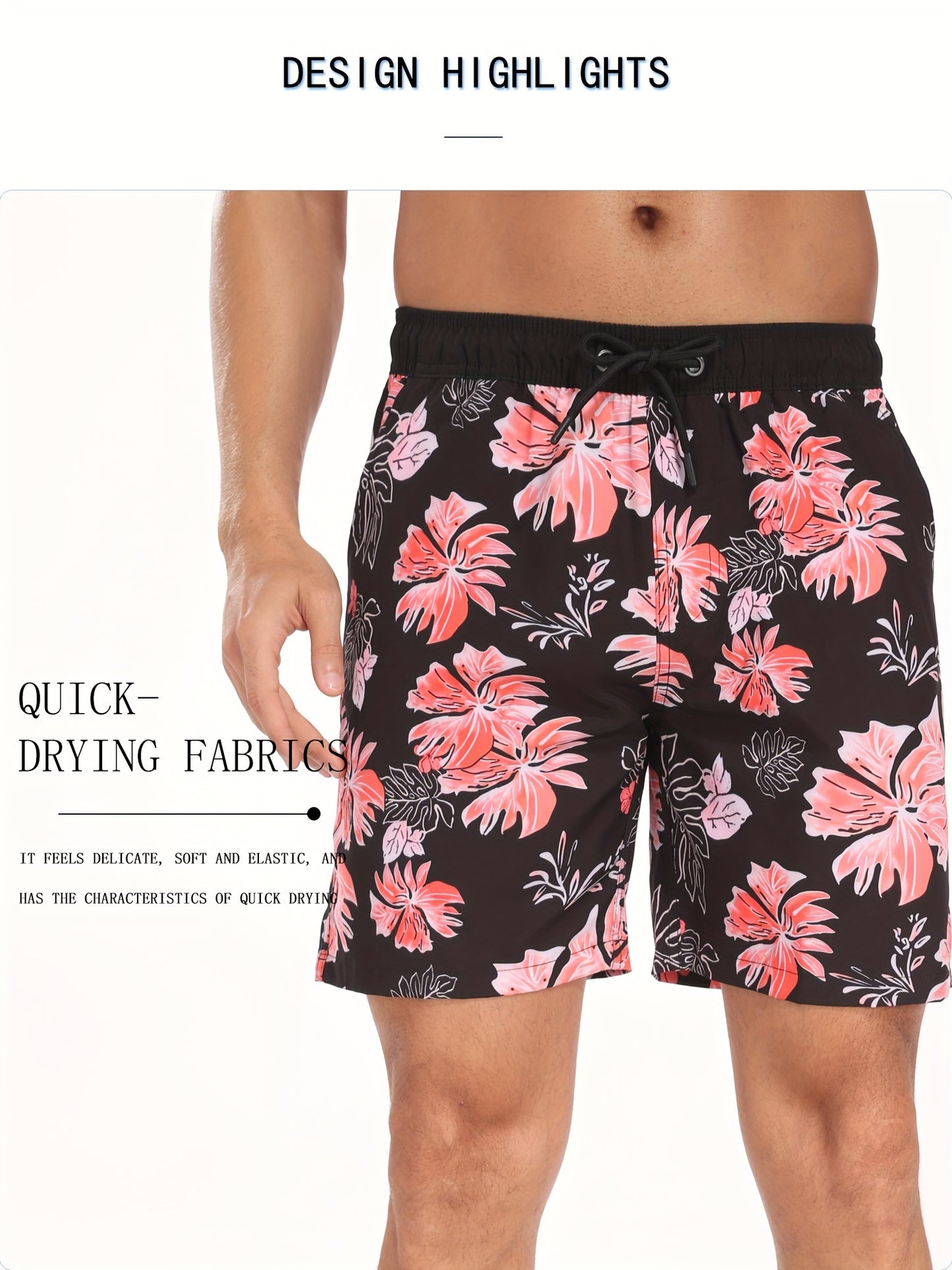 Men's Quick-Dry Beach Shorts with Tropical Palm Tree & Palm Leaf Print - Breathable Stretch Fabric for Summer, Outdoor, Hiking, Swimming - Machine Washable Casual Athletic Shorts, Outdoor Activewear, Summer Shorts