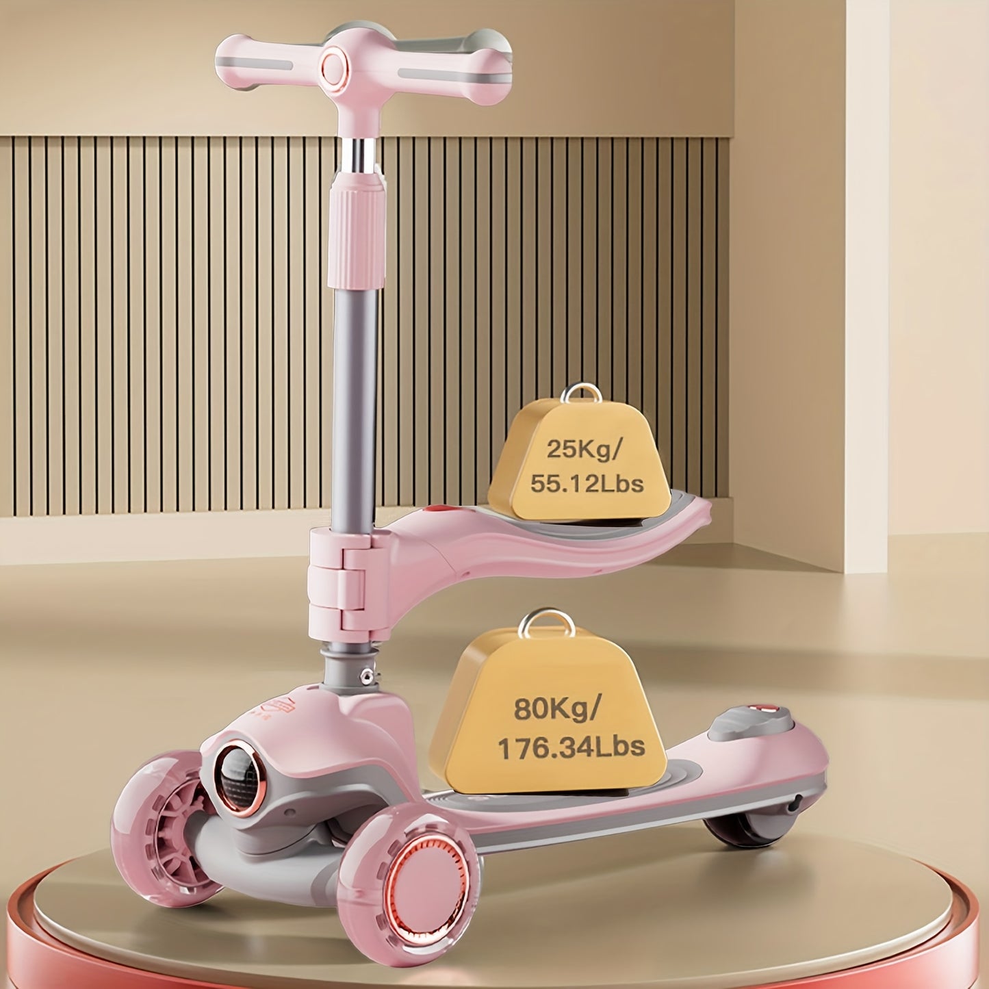 Kids Scooter with Foldable Seat & 2-in-1 Sit & Stand Modes, 5-Level Adjustable Handlebar, Pink with LED Lights & Music, 2-Wheel Stability, Front Brakes & Rear Suspension, Heavy-Duty Construction for Boys & Girls 3-12 Years (B