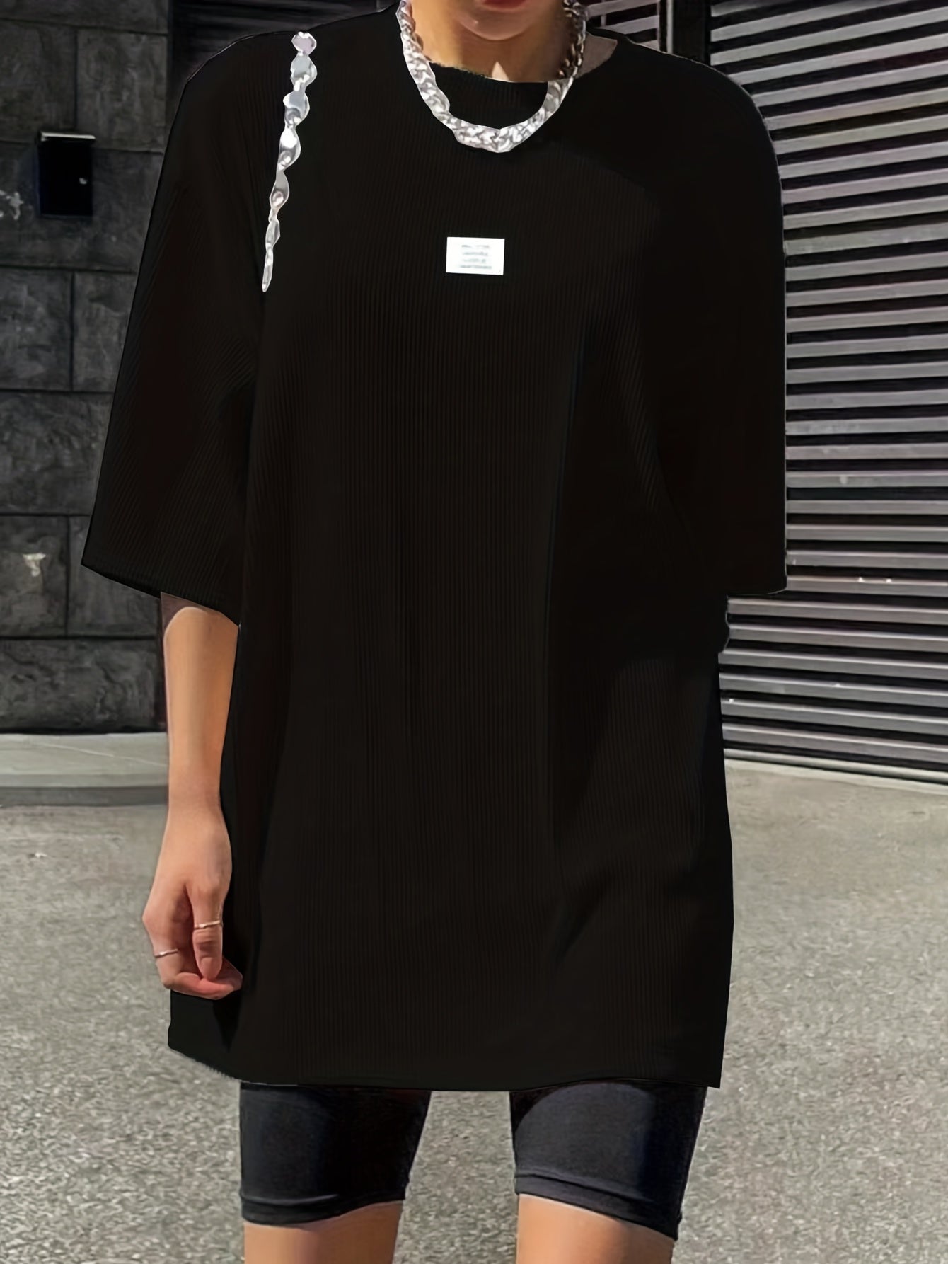 Oversized Drop Shoulder Ribbed T-Shirt, Casual Crew Neck Short Sleeve T-Shirt For Spring & Summer, Women's Clothing