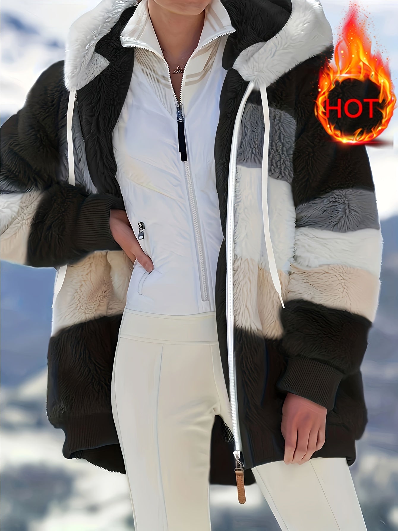 Women's Plush Faux Fur Hooded Jacket - Loose Fit Color Block Coat with Blue/Beige/White/Black Design, Long Sleeve Winter Warmth, Machine Washable for Casual & Formal Outfits, Ladies Winter Coats, Autumn Layering Piece, Formal