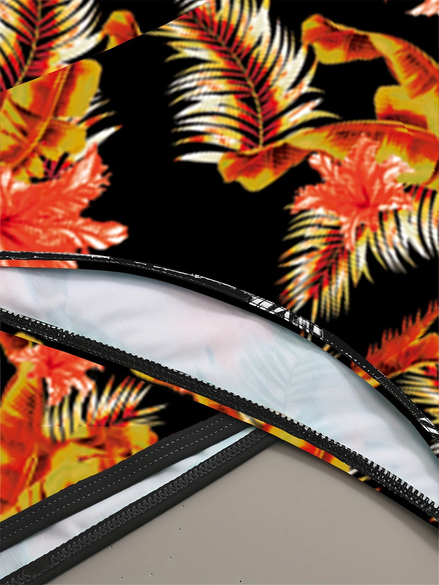 Floral Leaf Print Stretchy 3 Piece Set Swimsuits, Cross Spaghetti Strap Push Up Bikini & Boxer Shorts, Women's Swimwear & Clothing