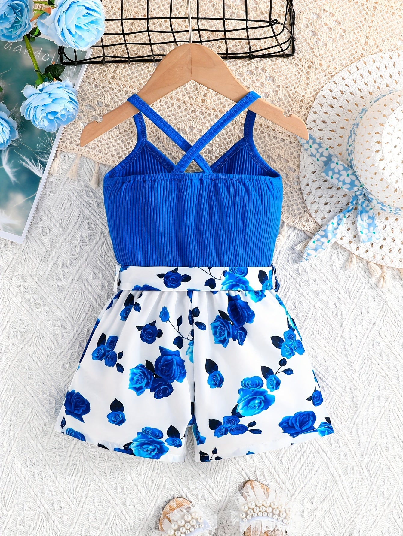 Girls' Summer Casual Floral Print Off-Shoulder Jumpsuit with Adjustable Waist Belt - Lightweight Breathable Shorts for Outdoor Play & Daily Wear, Blue & White Flower Design, Perfect for Weekend Outings, Cute Outfits for Girls
