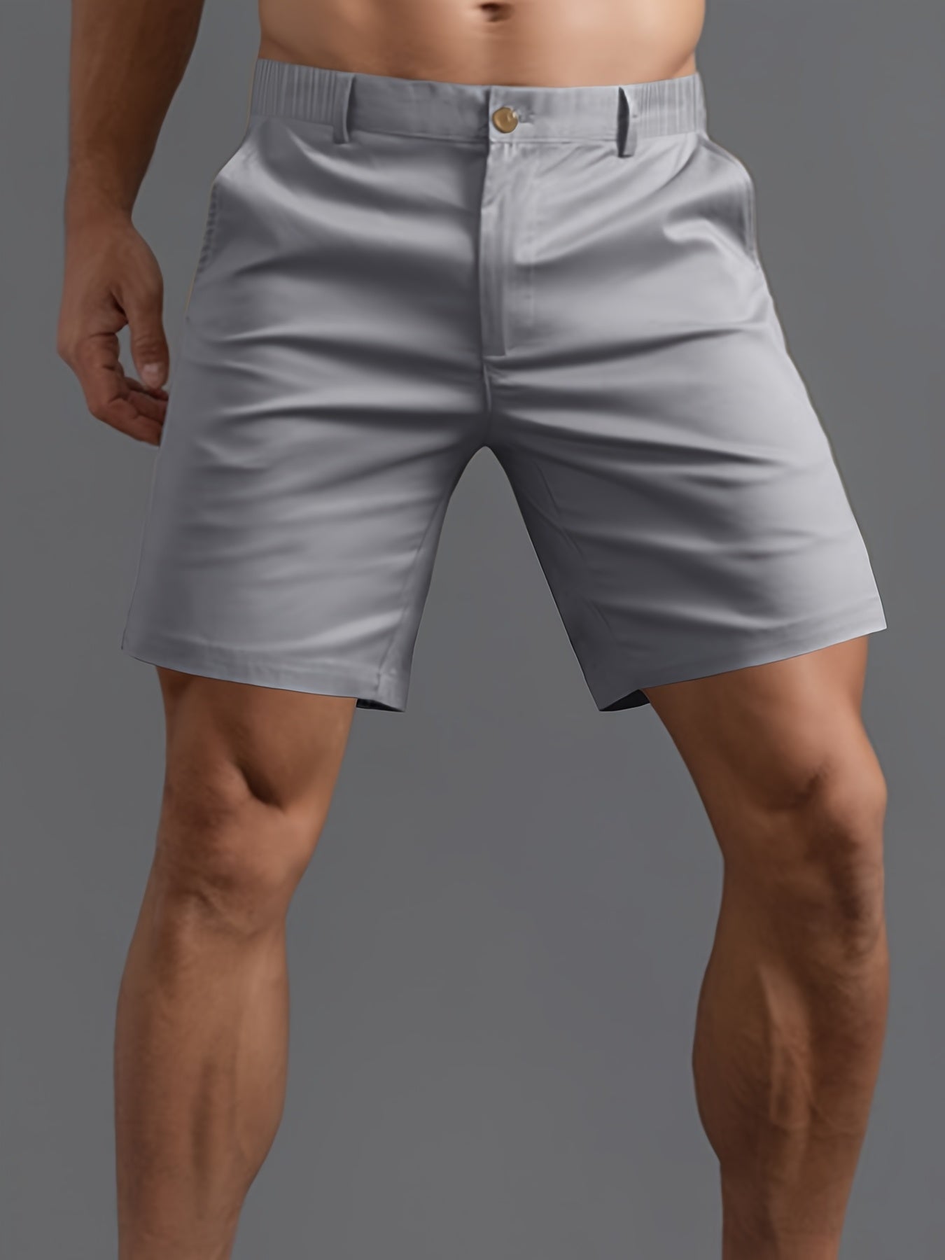 5pcs Men'S Fashion Solid Color Shorts, Woven, Simple, Straight Leg, Five-Inch, Versatile, Business Style, Street, Versatile, Beach Vacation, Travel, Outdoor, Casual, Sports, Zipper, Resin, Button, Half, Elastic, Belt, Casual