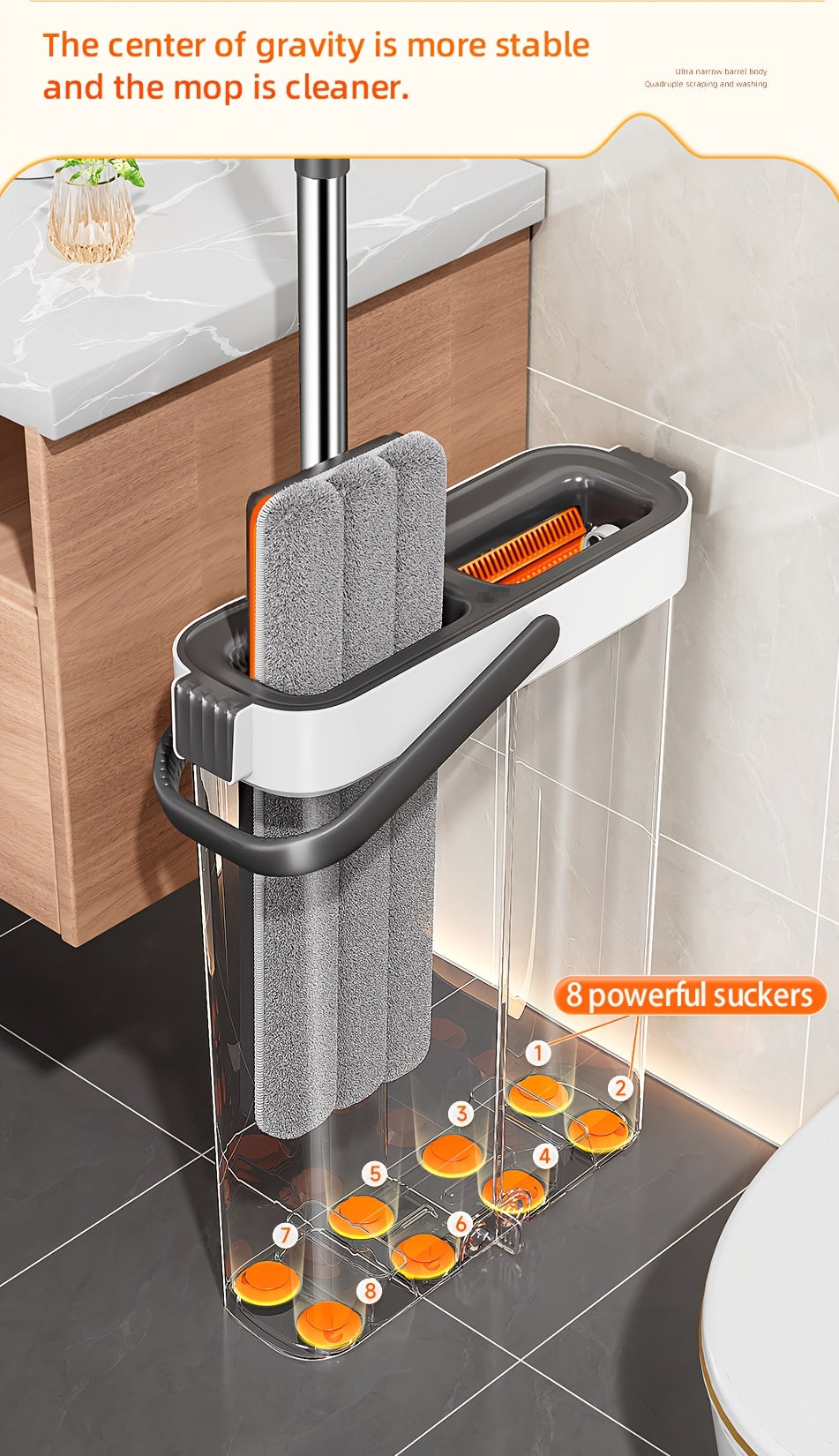Gray Flat Mop + Narrow Slot Cleaning Bucket Set, Hand-free Lazy Mop Mover, Wet And Dry One Mop Cleaner, Household Cleaning Tool, Send Replacement Cloth, Suitable for Living Room, Bedroom, Kitchen, Bathroom, Toilet, Commercial