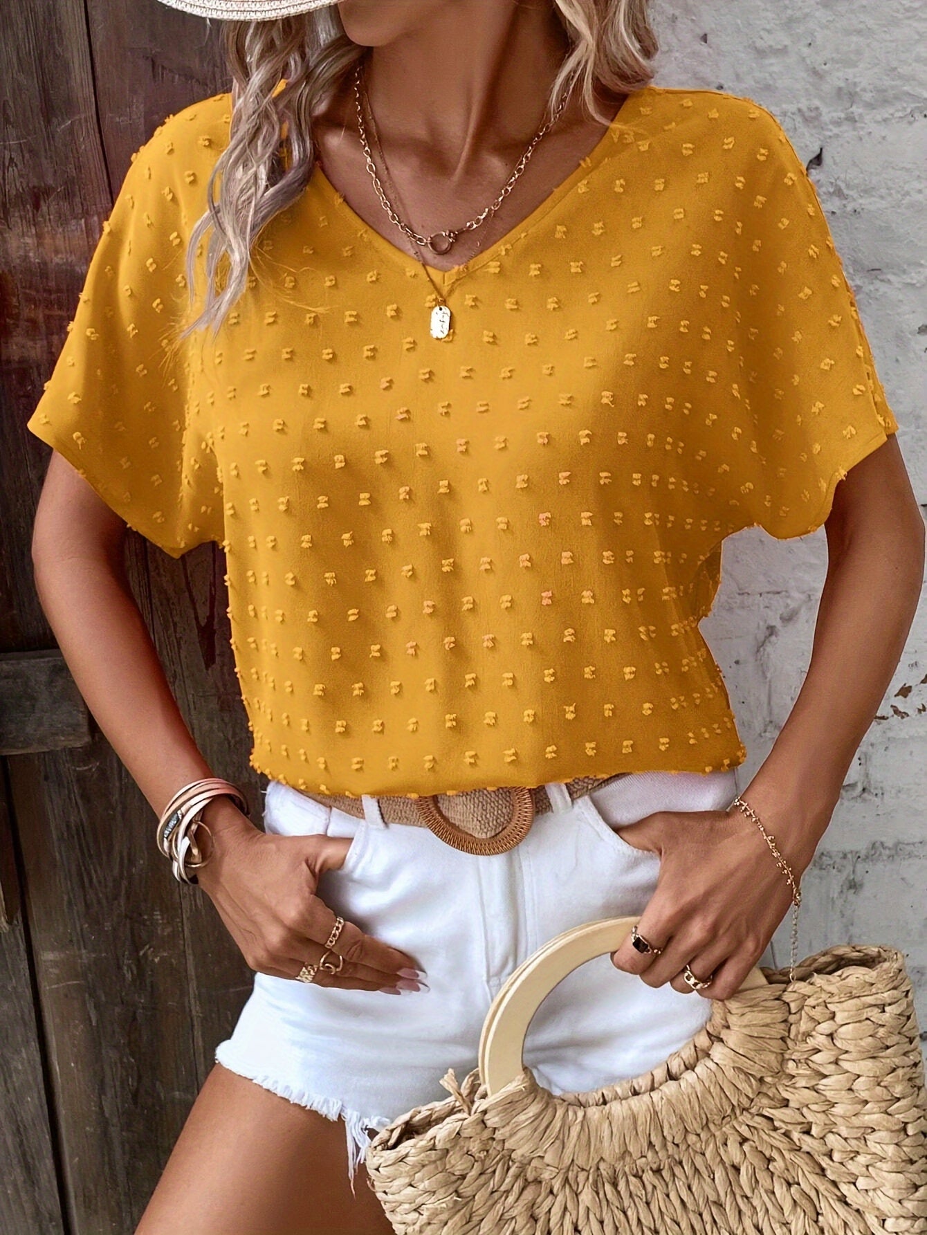 Swiss Dot V-neck Solid Blouse, Casual Batwing Sleeve Blouse For Spring & Summer, Women's Clothing