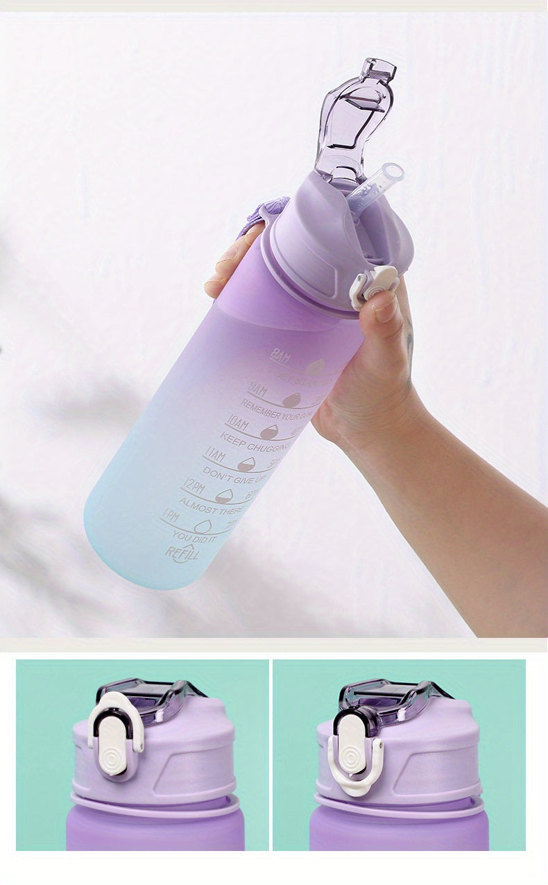750ml Motivational Gradient Water Bottle With Time Marker And Straw - Leakproof Sports Water Cup For Outdoor Activities, Running, Fitness, Hiking, And Camping - BPA-Free Plastic, 32 Oz.