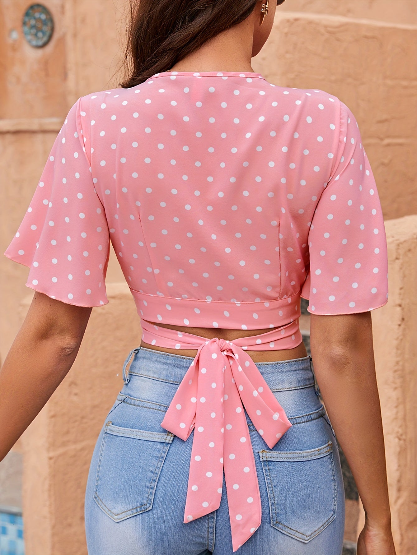 Polka Dot Print Surplice Neck Blouse, Elegant Ruffle Sleeve Crop Top For Spring & Summer, Women's Clothing