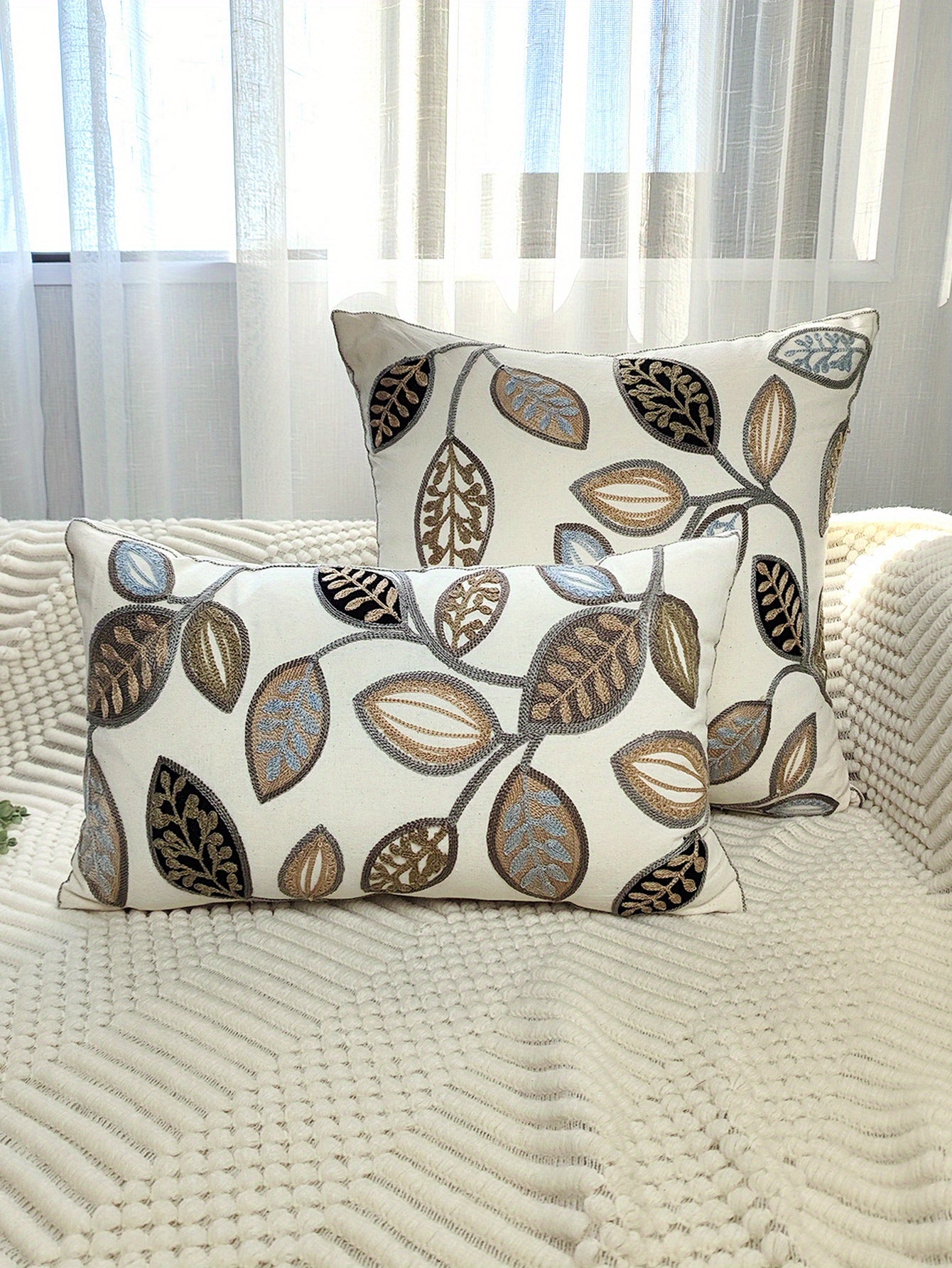 1pc Leaf Embroidered Decorative Throw Pillow Case, Canvas Cushion Cover For Living Room, Home Decor