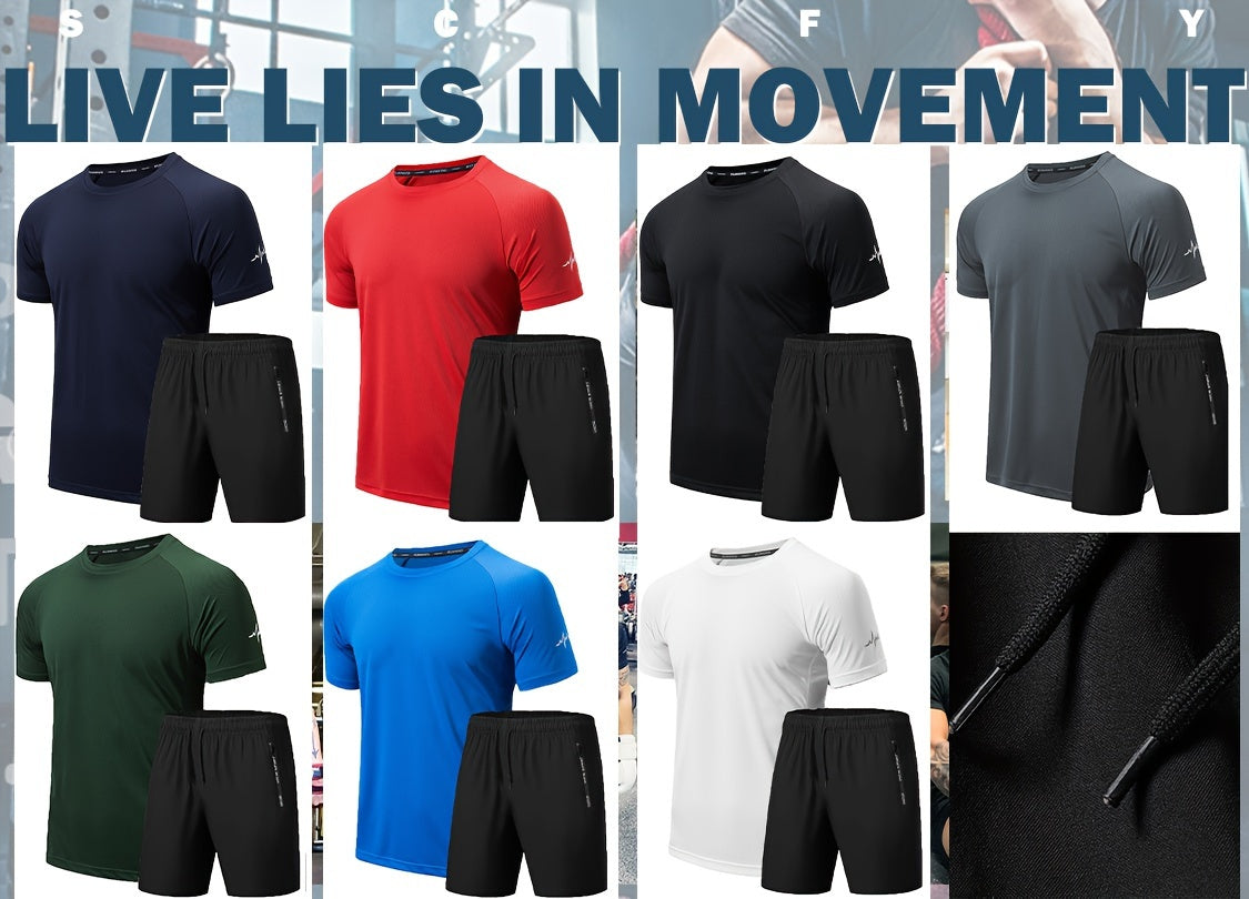 Men's 2Pcs Outfit, Solid Workout Short Sleeve T-shirt & Drawstring Shorts For Basketball Football Exercise Training Running Gym