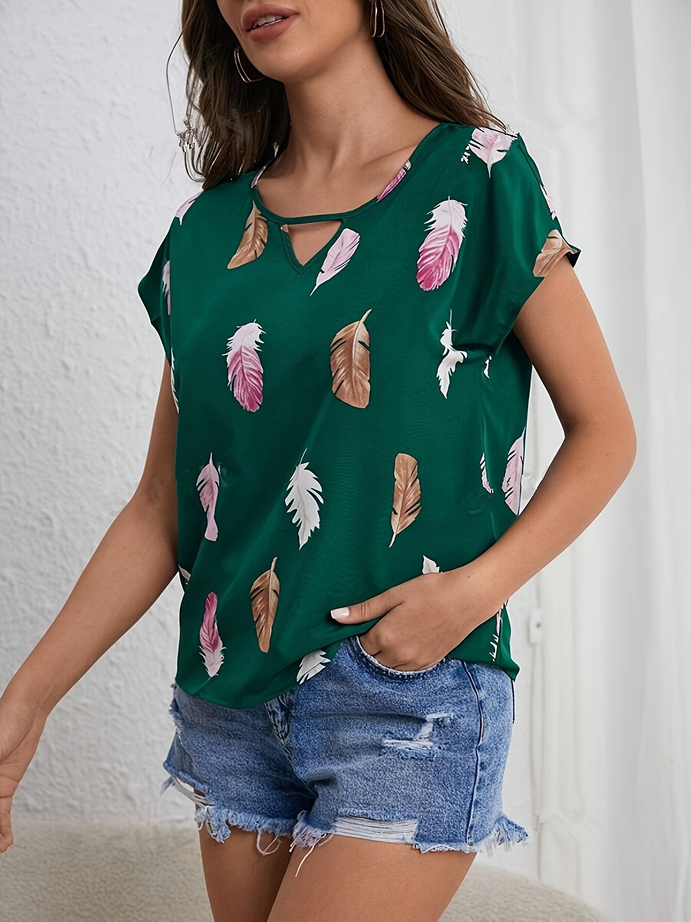 Vintage Graphic Print Cut Out Blouse, Casual Batwing Sleeve Blouse For Spring & Summer, Women's Clothing