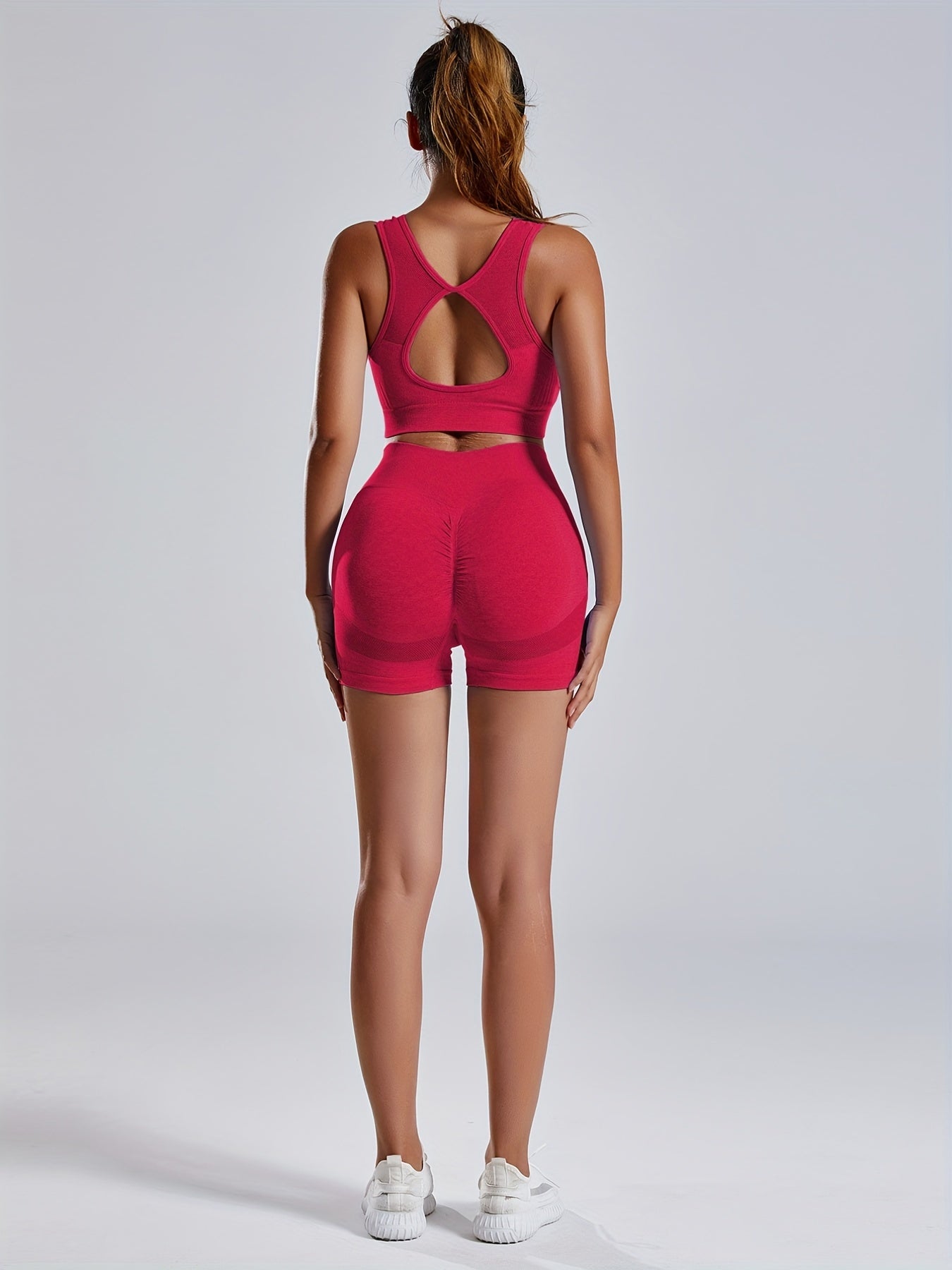 Women'S Seamless Sports Yoga Set, Summer New High Stretch Knit Fabric, Solid Color Polyamide 90% Elastane 10%, Short Length Fitness Gym Wear with Backless Bra and Butt Lifting Yoga Pants
