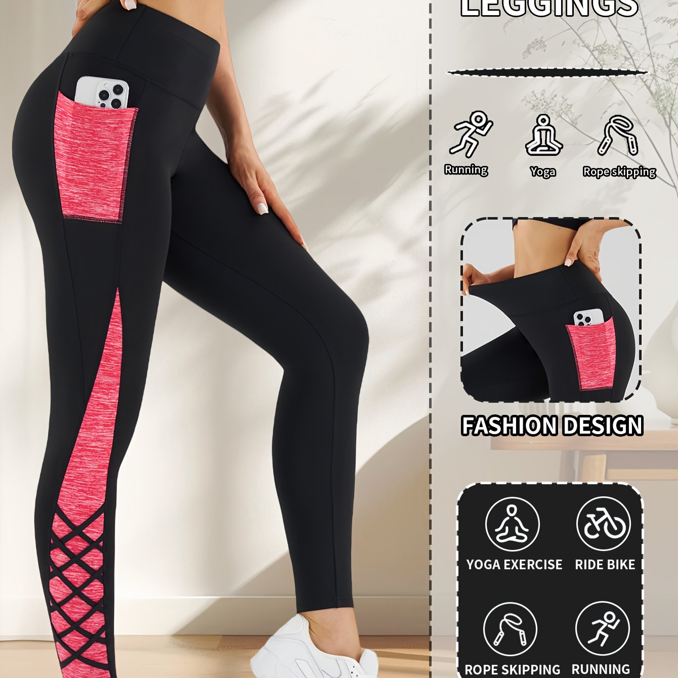Women's High-Waisted Yoga Pants - Non-See-Through Workout Leggings with Side Pocket, Stretchy Gym Running Pants for Pilates, Cycling, Everyday - Machine Washable Athletic Bottoms (Black/Blue)