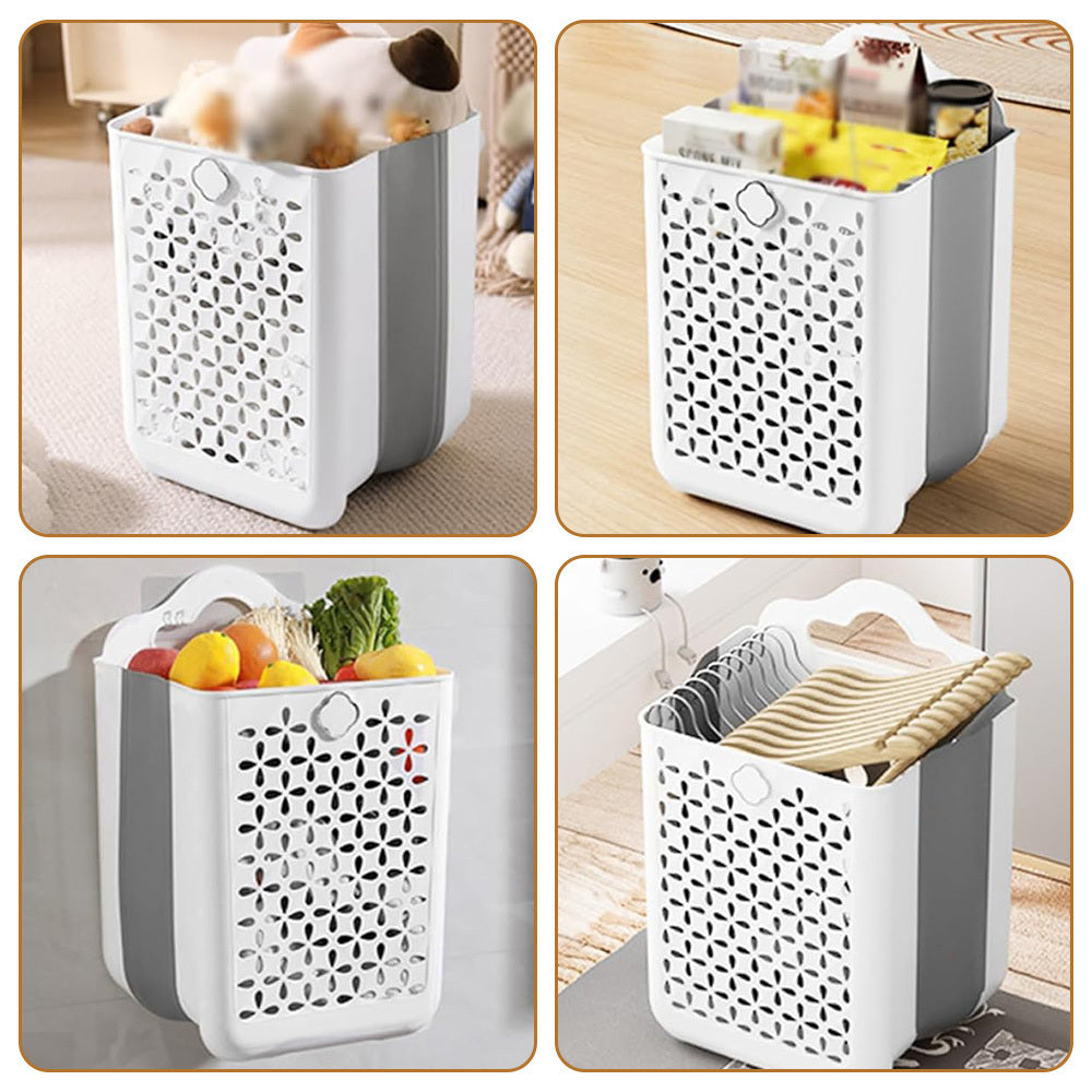 ZREE Large Wall Mounted Laundry Basket (60L, 27x19x39cm) - Foldable Design, Machine Washable, Space saving Bathroom/ Bedroom Dirty Clothes Collector (White/ Grey), Laundry Baskets, Space Saving Laundry Solution, Wall Mounted