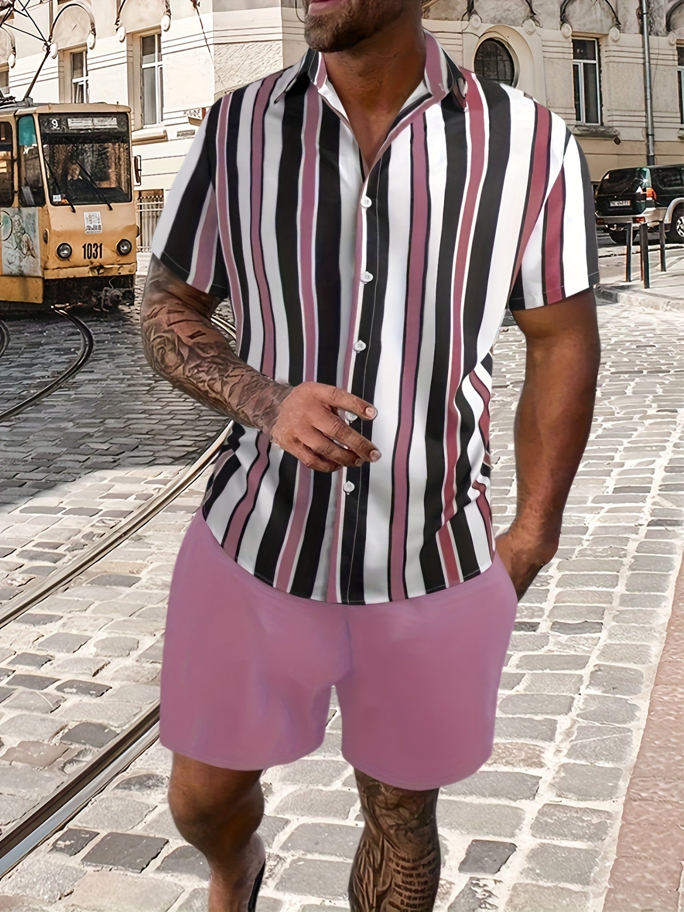 2pcs Men's Stripe Pattern Color Block Short Sleeve Button Shirt & Loose Shorts, Men's Casual Outfit For Summer Vacation