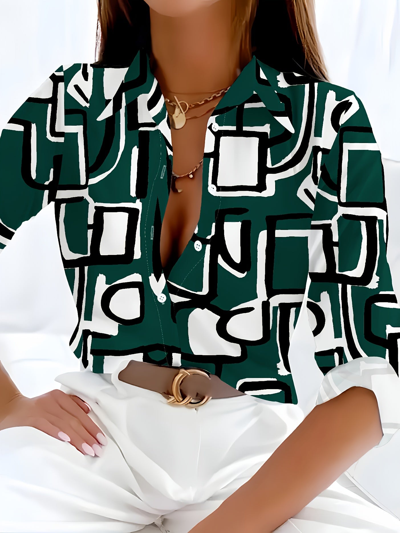 Geo Print Button Front Shirt, Casual Long Sleeve Blouse For Spring & Fall, Women's Clothing