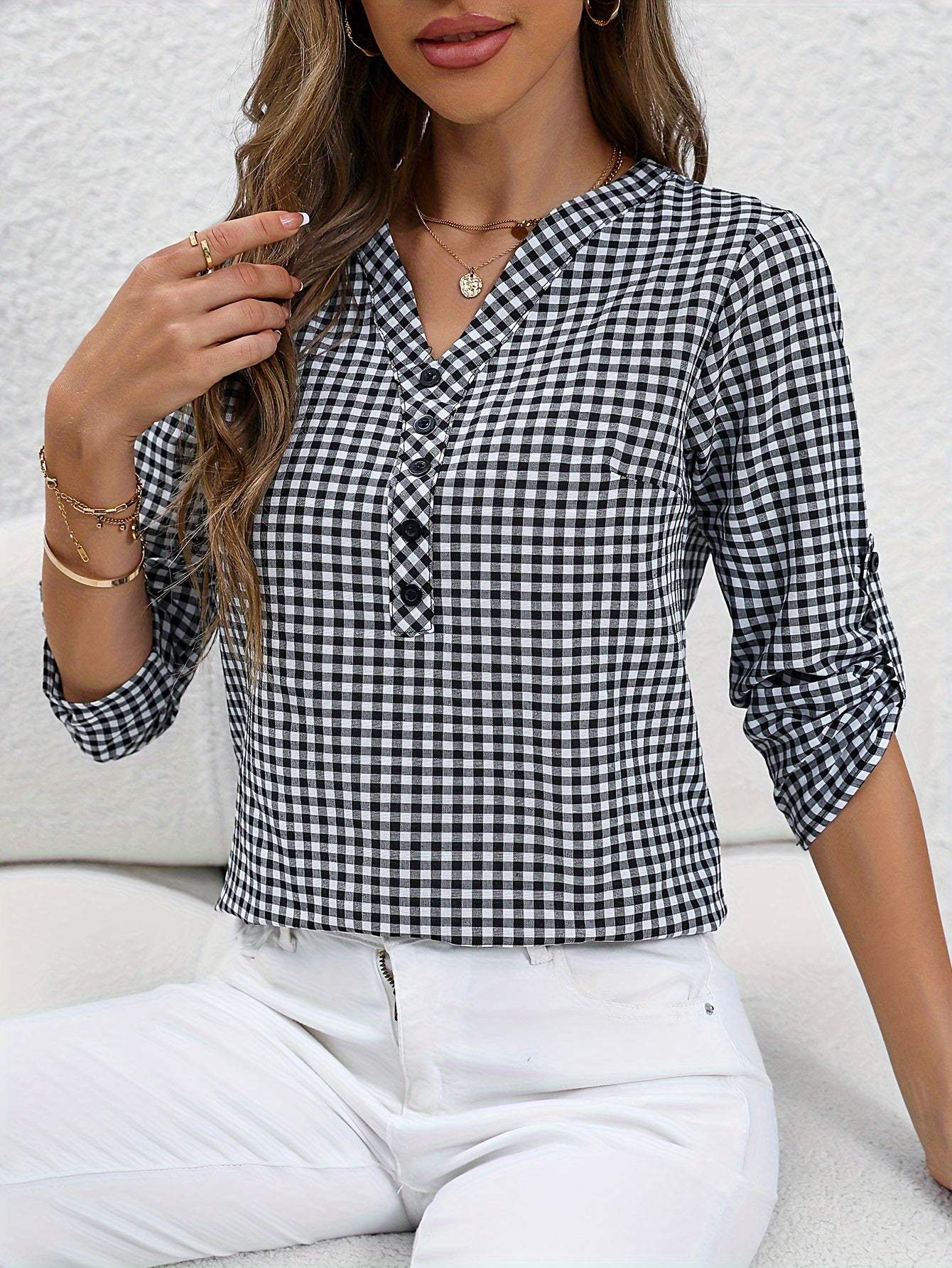 Plaid Print Button Notched Neck Blouse, Casual Rolled Sleeve Blouse For Spring, Women's Clothing