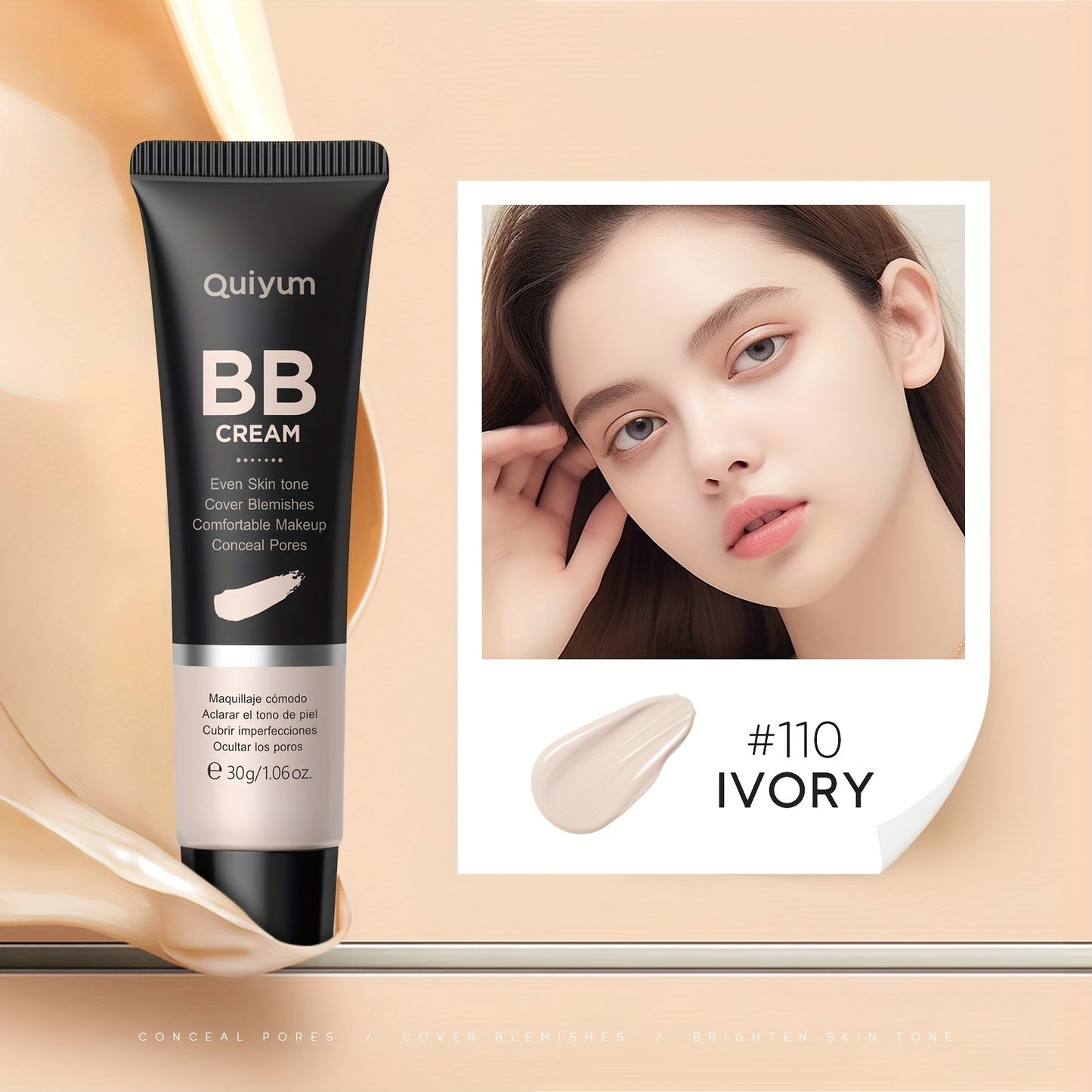 Quiyum BB Cream, Waterproof Long Lasting Pores Concealer, Brighten Skin Tone, Cover Blemishes Make Up Foundation 30g