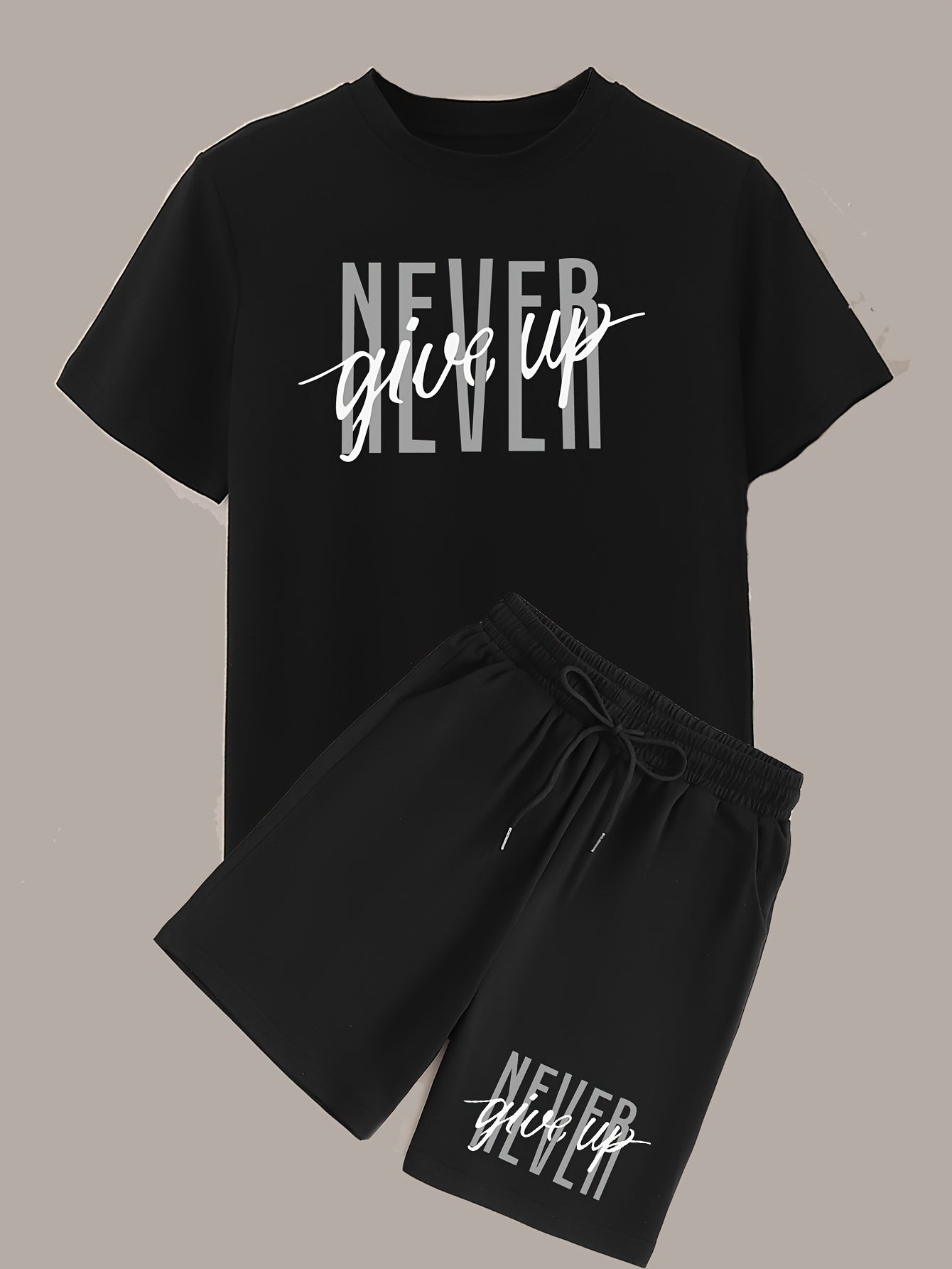Men's Fashion NEVER GIVE UP Letter Print Loungewear Set, Short Sleeve Crew Neck Graphic T-shirt & Drawstring Shorts With Pockets, Casual Pajama Set, Men's 2piece Outfits