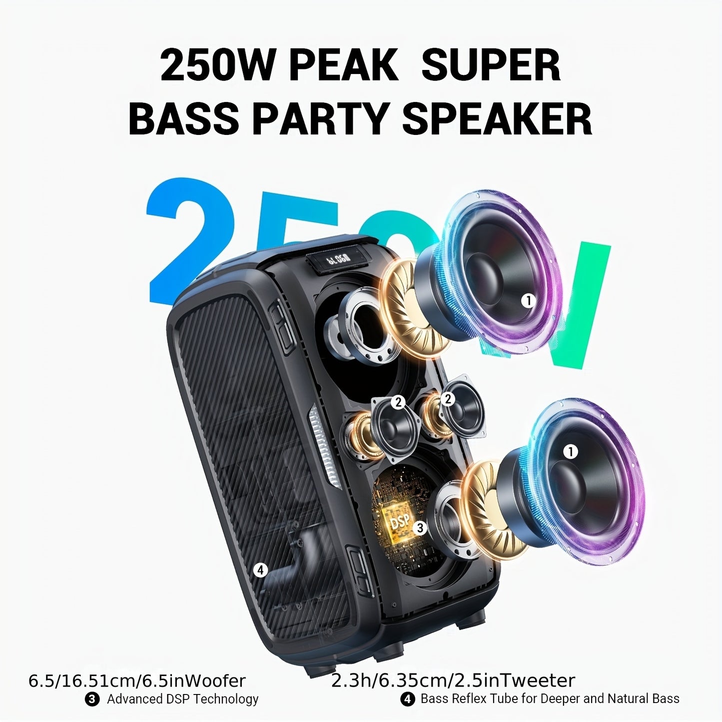Powerful W-KING 200W peak wireless speaker with massive 120dB soundstage and DSP chip, 12-level bass adjustment, Big Party Boombox portable speaker with super deep bass, dynamic light show, 6.35mm microphone input, TF card sl