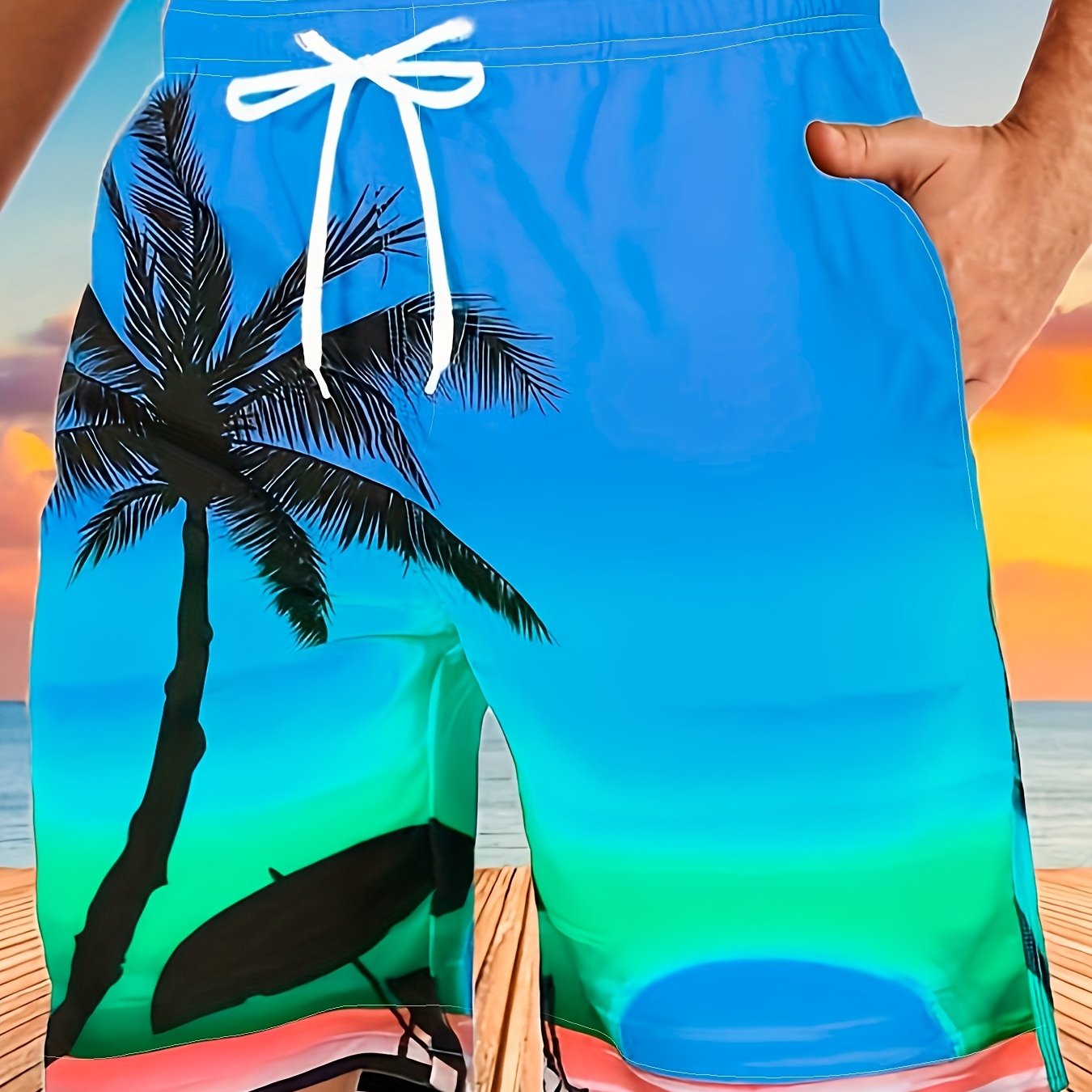 Quick Drying Comfortable Breathable Gradient Palm Tree At Dawn Seaside Drawstring Swim Trunks, Men's Board Shorts Swimwear For Summer Vacation Resort Beach Pool