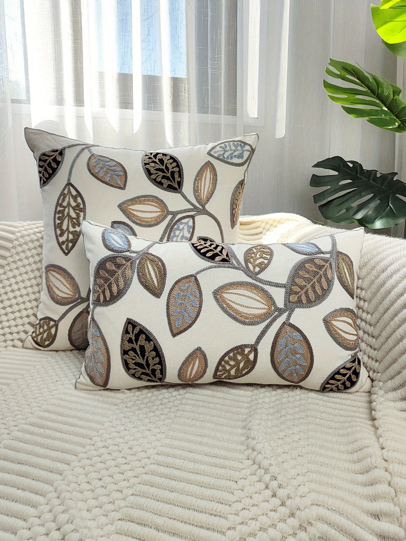 1pc Leaf Embroidered Decorative Throw Pillow Case, Canvas Cushion Cover For Living Room, Home Decor