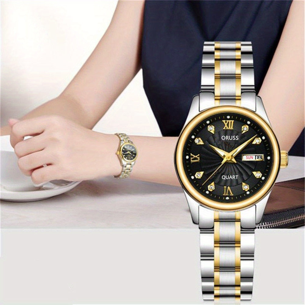 Luxury Rhinestone Decor Quartz Watch Waterproof Calendar Luminous Analog Wristwatch For Daily Life Business Travel Vacation Date Watch