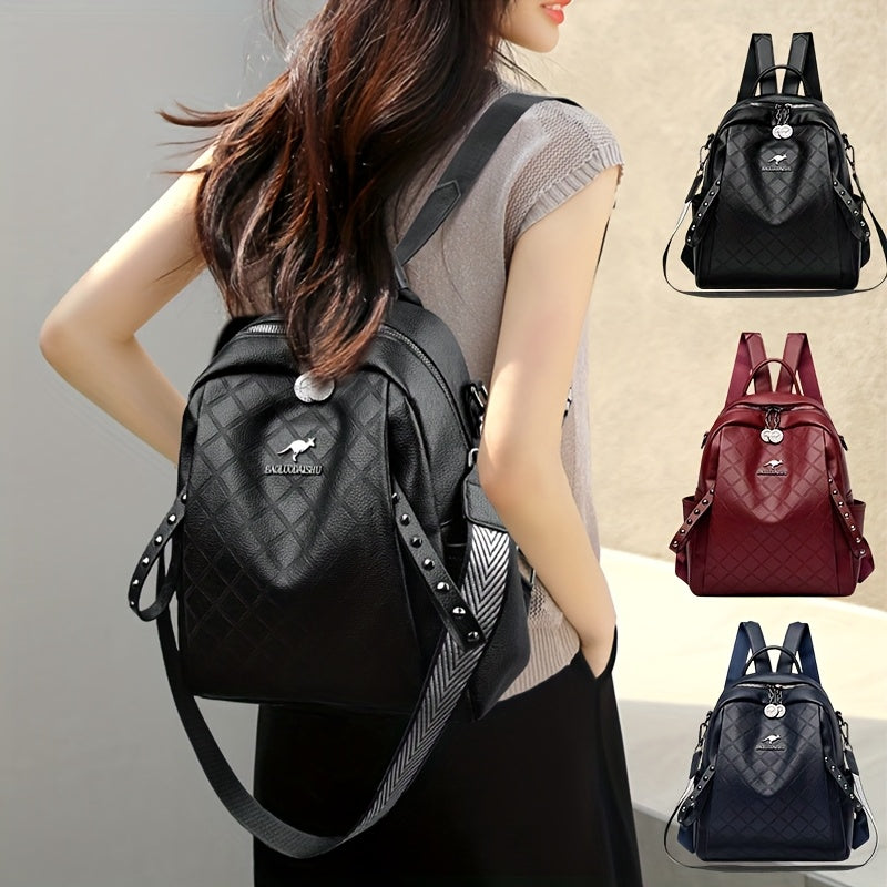 Women'S Quilted Backpack - Stylish Synthetic Travel & Casual Bag with Multiple Compartments, Adjustable Padded Straps, and Zipper Closure, Black/Red/Blue, Backpack for Travel, Secure Daypack, Quilted Texture, Synthetic Bag